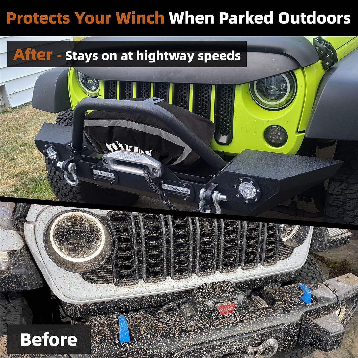 12000 lb Winch Cover, Heavy Duty Waterproof Protective Cover with Adjustable Straps Fasten, Outdoor Windproof Covers for Electric Winches Accessories with Reflective Trim, 25"x10.5"x 8.7"(LxHxW)