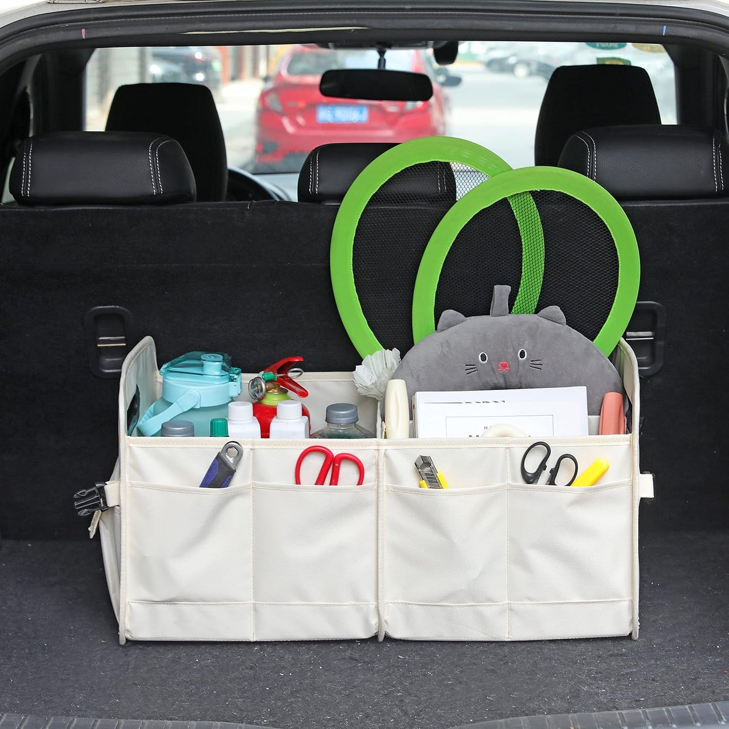 AOKJOY Car Trunk Organizer Car Storage Organizer Collapsible Multi Compartment Car Organizer Adjustable Straps for SUV(Beige)
