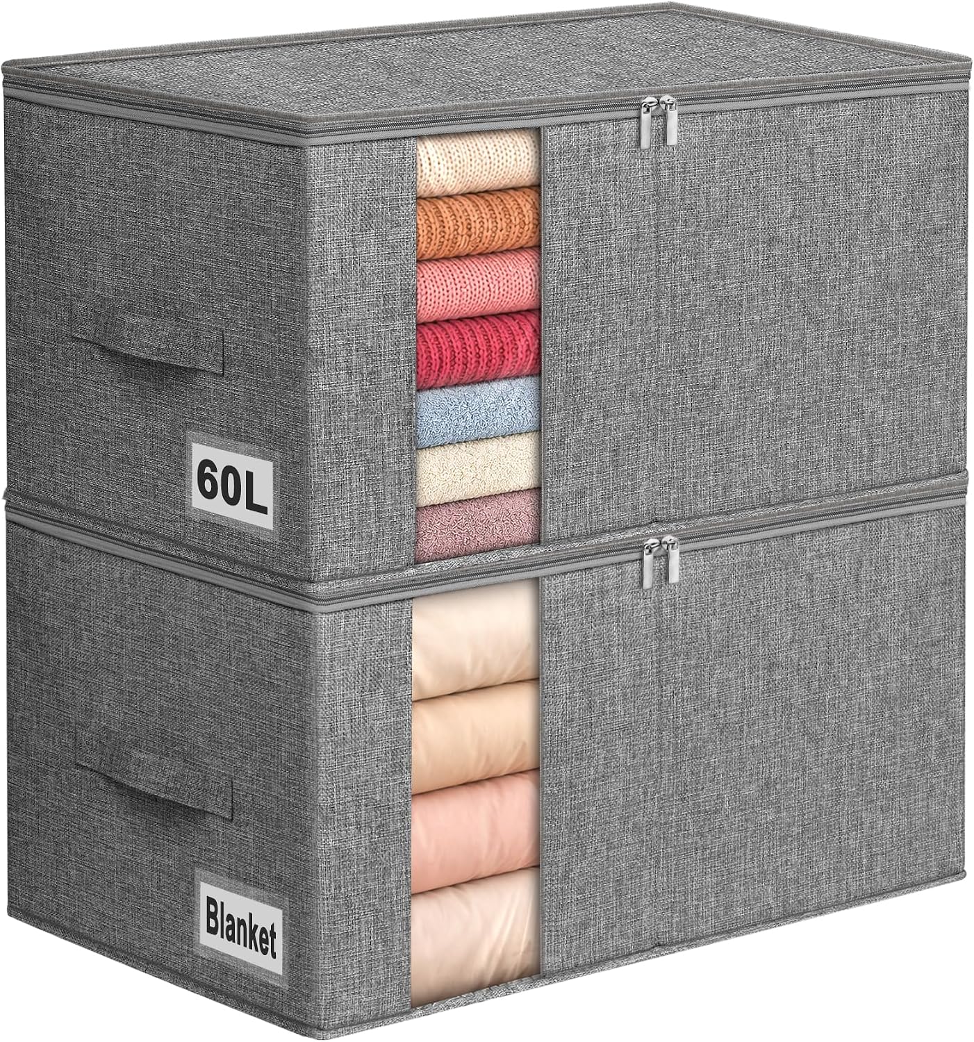 60L Blanket/Comforter Storage Bag w/Rigid Side & Bottom Support, Stackable Clothes Storage Bin for Sweaters Bedding Sets Quilts Pillows, Closet Organizer, 21.7x14.2x11.8in, 2 Pack, Gray