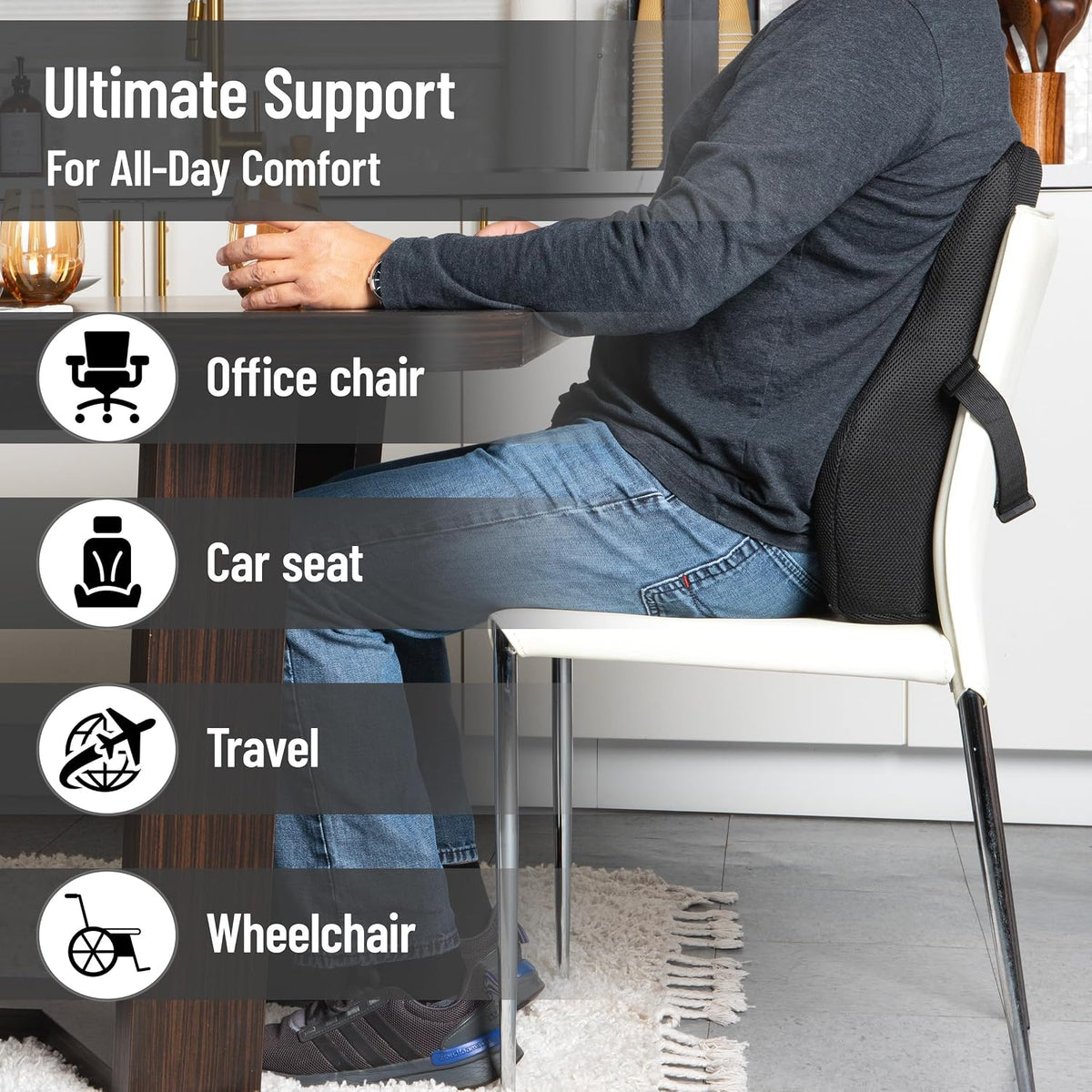 Mind Reader Air-Cloud Lumbar Cushion, Ergonomic Memory Foam Back Support Pillow for Office Chairs, Recliners, and Car Seats, Chiropractor-Recommended, Black