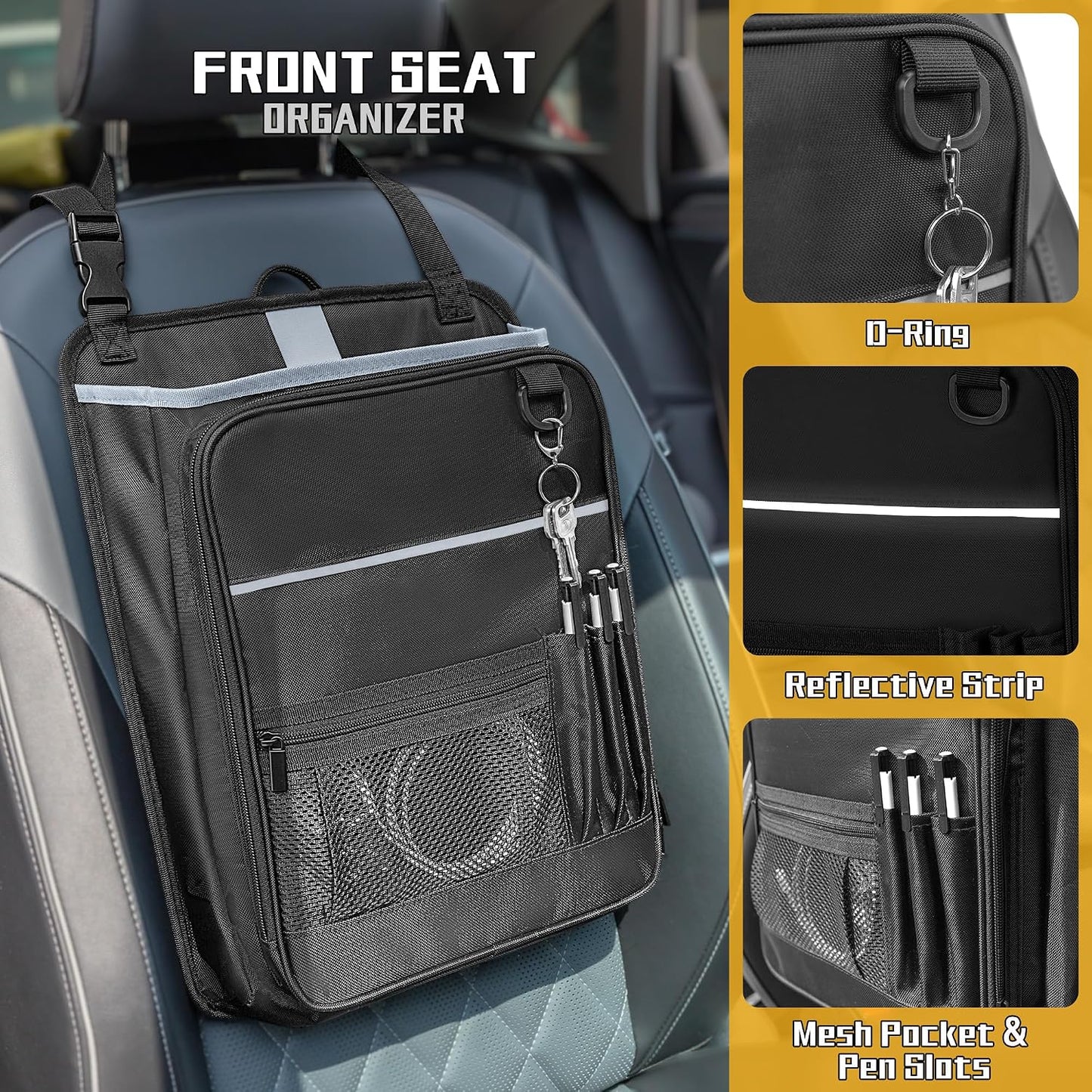LUXJA Car Front Seat Organizer with Accordion File Pocket, Passenger Seat Organizer with Laptop Sleeve (Up to 15.6 In) and Adjustable Strap, Black