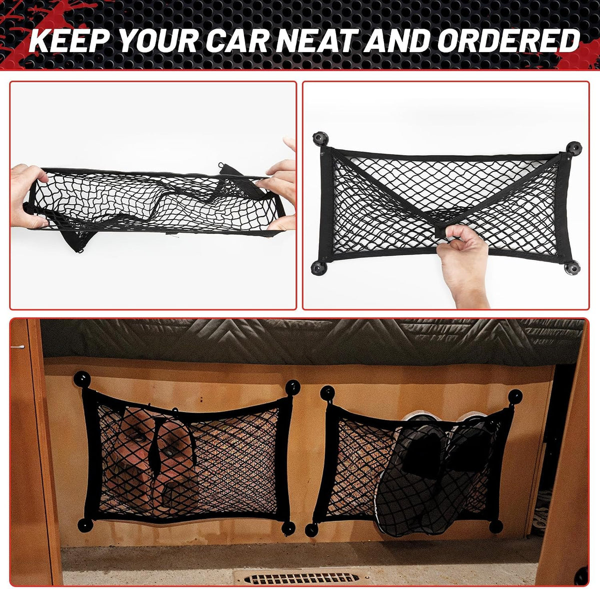 RED WOLF Universal Cargo Net Pocket Elastic Netting Car Mesh Pouch for Trunk RV Boats Home Cargo Storage with Screws and Hooks (21.7'' x 9.8'')