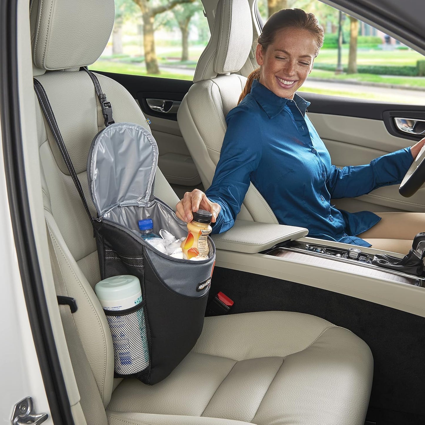 High Road Soft Car Cooler Bag for Cold and Hot Food Transport - Insulated Backseat Cooler Bag for Car, SUV, Truck or Van - Portable Soft Cooler with Storage Pocket and Bottle Holders