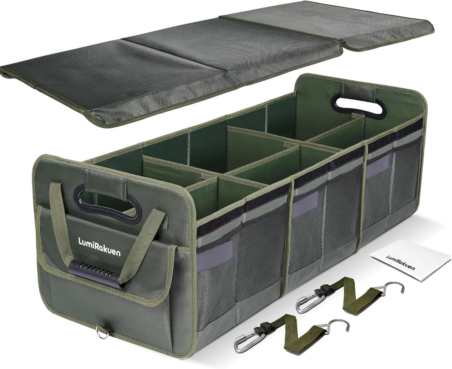 Heavy Duty Trunk Organizer with Lid for SUV & Truck (XL, Green) | 1680D Water-Resistant Fabric & 3.5mm PP Skeleton Collapsible Multi-Compartment Trunk features Dual Non-Slip Hooks