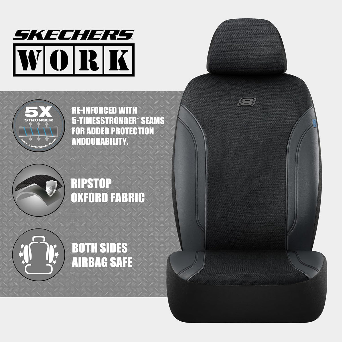 Skechers Seat Covers, Work Leather Car Seat Covers 5-Times Stronger Built-in Webbing, Oxford Fabric Front Seat Cover, Airbag Compatible, Automotive Comfort for Cars, Trucks, SUVs,Black