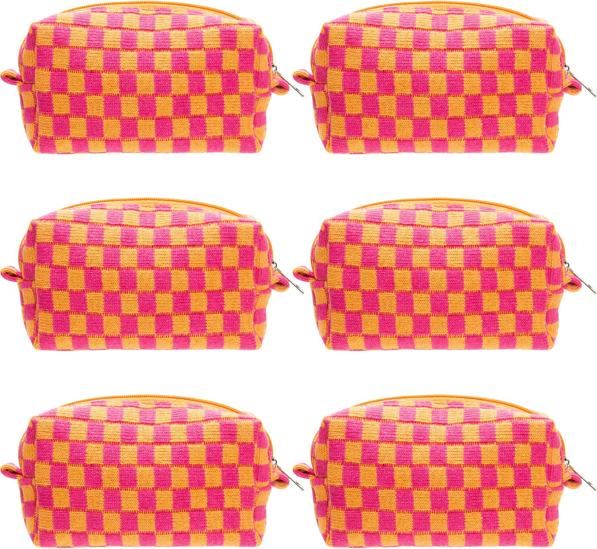 Checkered Makeup Bag for Purse, Small Cosmetic Pouch,Red Orange,6 Pack