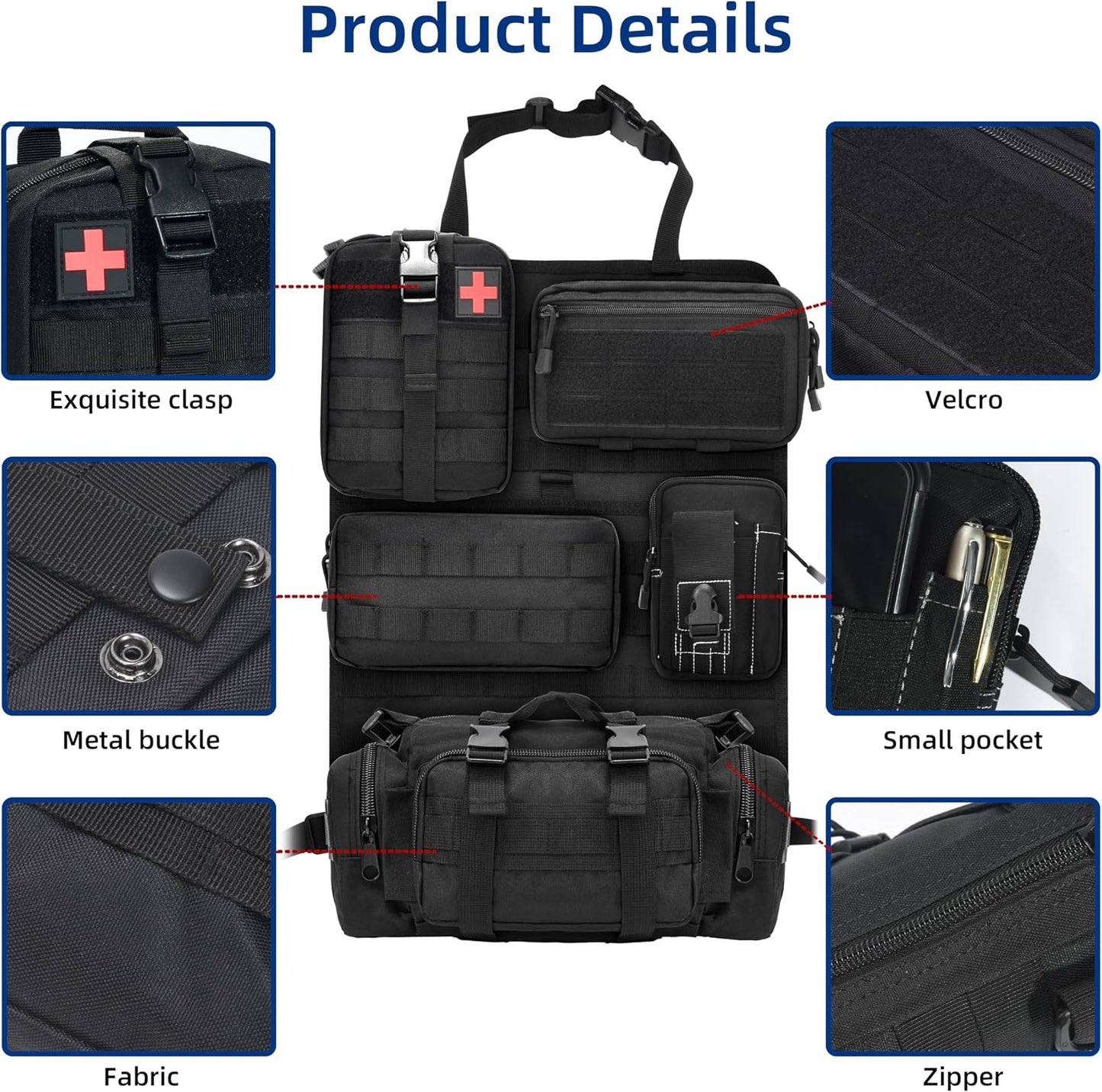 6 Pack Tactical Car Seat Back Organizer,Backseat Organizer with 5 Detachable Molle Pouches,Molle Panel Organizer Fits for Vehicel Such as Jeep,Truck,SUV, Car(Black)