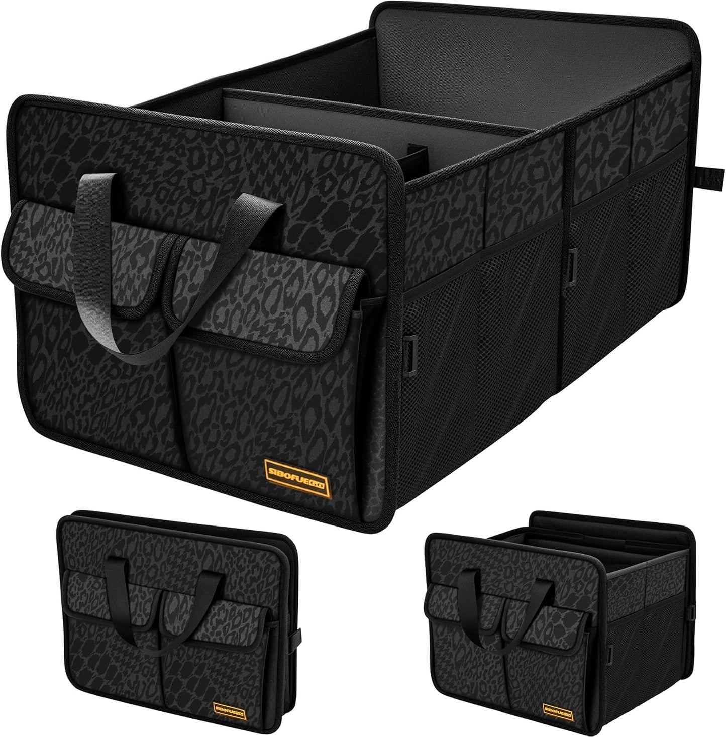 SIBOFUEGO Sturdy Car Trunk Organizer – Large Capacity Trunk Organizer for SUVs & Sedans, Hard-Shell One-Piece Design with Cute Print, Collapsible and Durable Car Organizers （Beige Leopard 70L ）