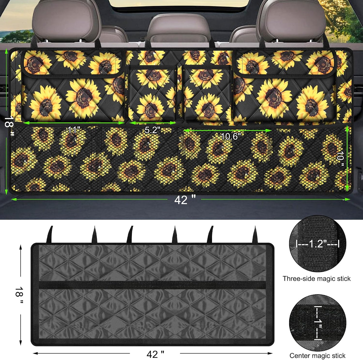 Femuar Car Trunk Organizer,Large Capacity Backseat Organizer(42 in*18 in),Collapsible Storage Bag with 8 Pocekt,Car Organizer for SUV/MPV/Truck - Sunflower TLAG-0114