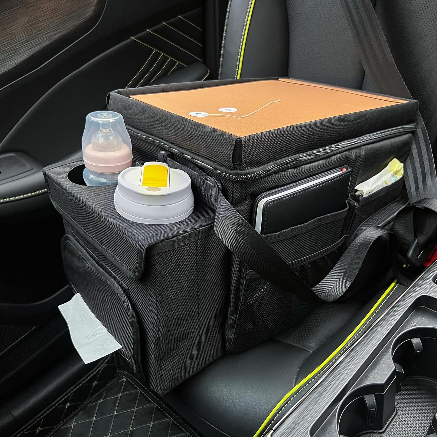 Waterproof Car Organizer with Lid, Car Cooler Bag with Cup Holder and Tissue Box