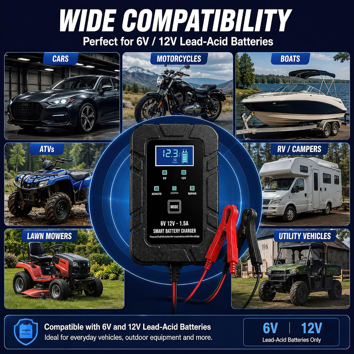 6V 12V Smart Battery Repair Charger, Automatic Desulfator with Led Display