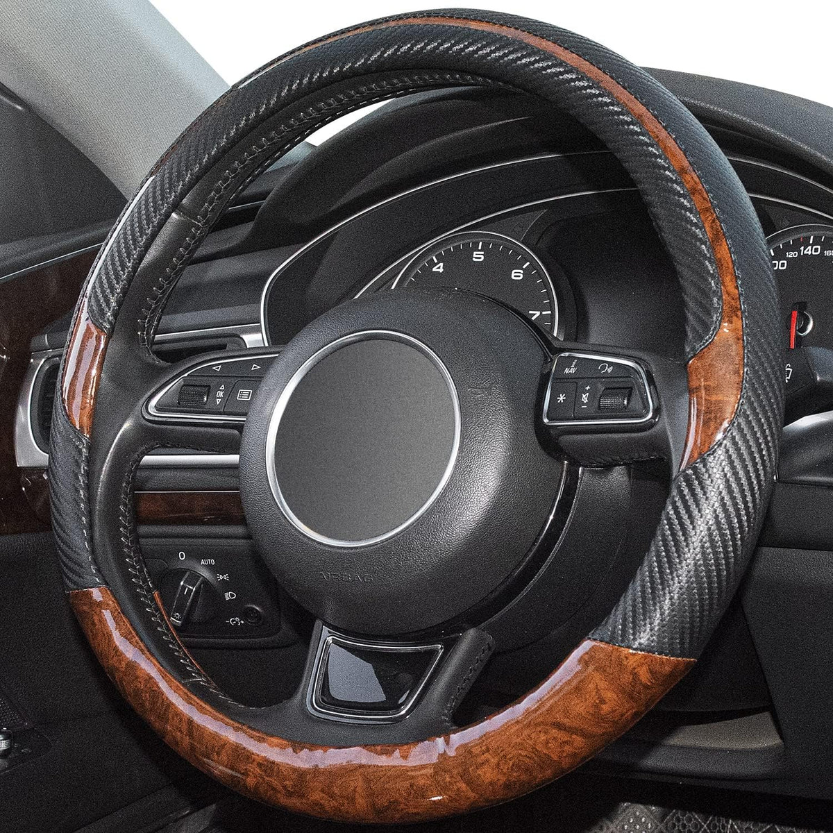 Wood Grain Steering Wheel Cover Black Universal Microfiber Leather, Suitable for 14 1/2-15 inch Comfortable Anti-Slip, Good Breathable and Odorless Car Steering Wheel Cover