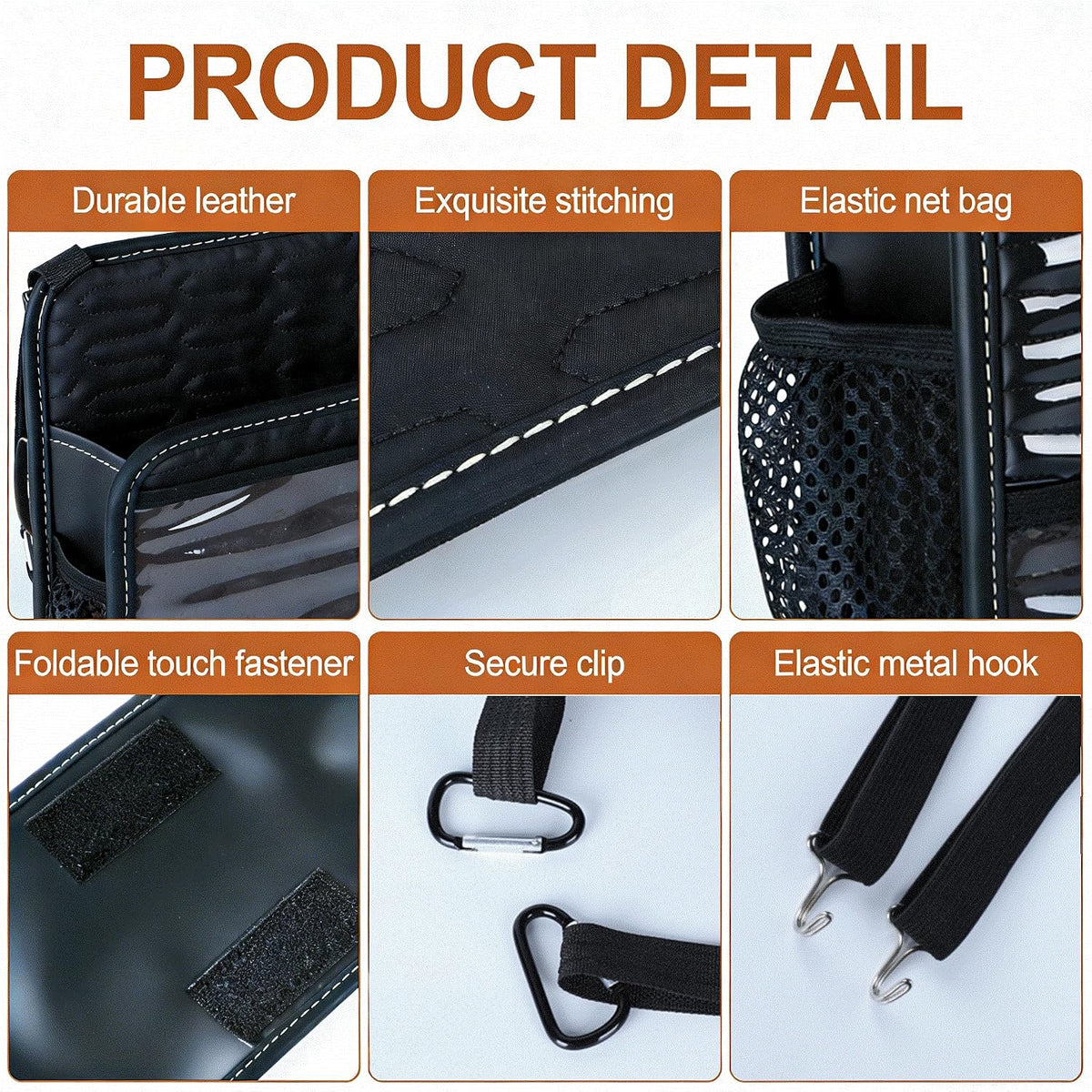Car Purse Holder Between Seats, PU Leather Front Seat Storage Bag with Tissue Holder, Multi-Pocket Car Organizer with Touch Screen Phone Holder Cup Holders Mesh Pockets, Universal Fit for SUV Sedan