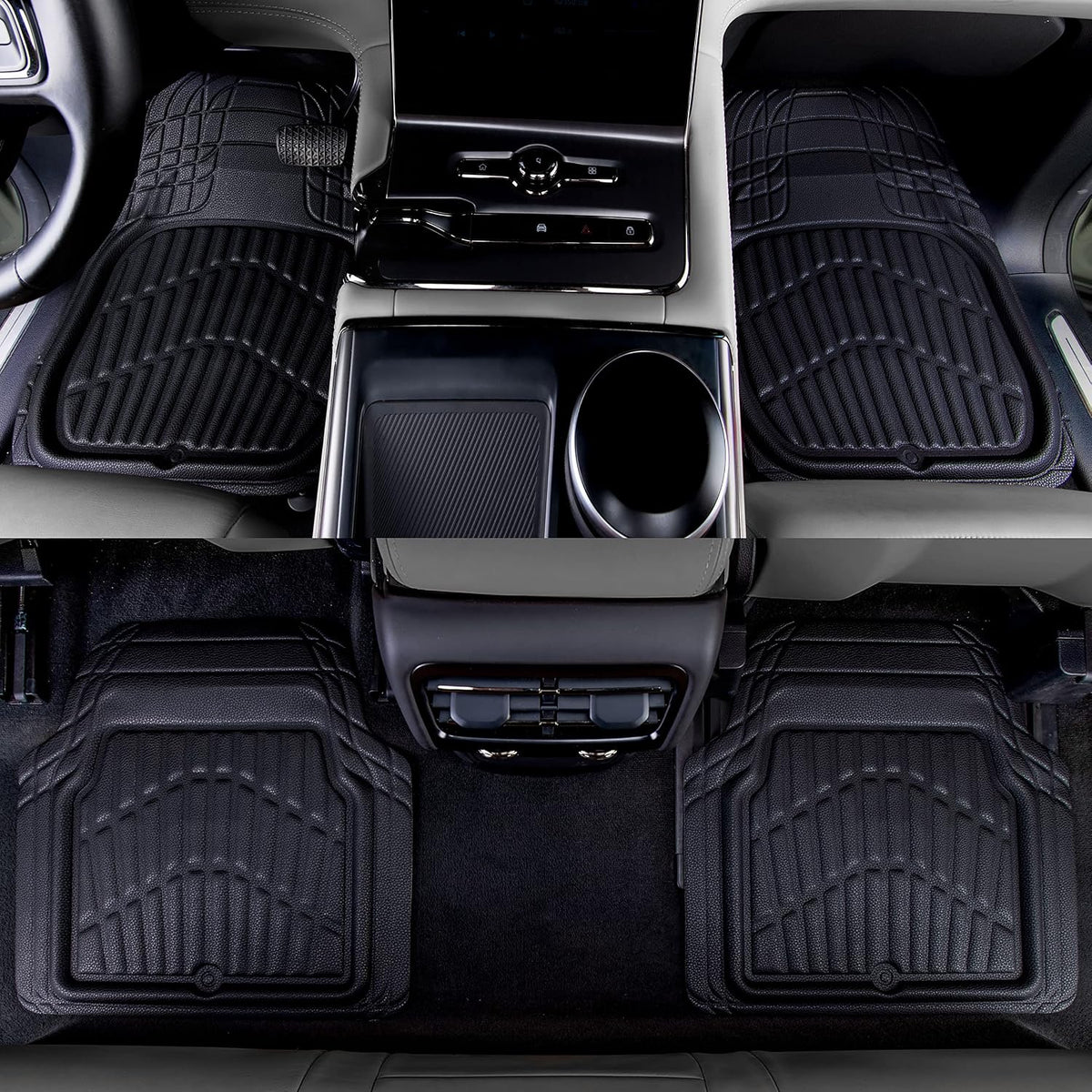 CAR PASS Leather Car Floor Mats -3D Waterproof All Weather Season, Universal Trim to Fit & Anti-Slip Burr Bottom Safety & Light Easy Clean Install for SUV Truck Auto & Durable Luxury (Black)