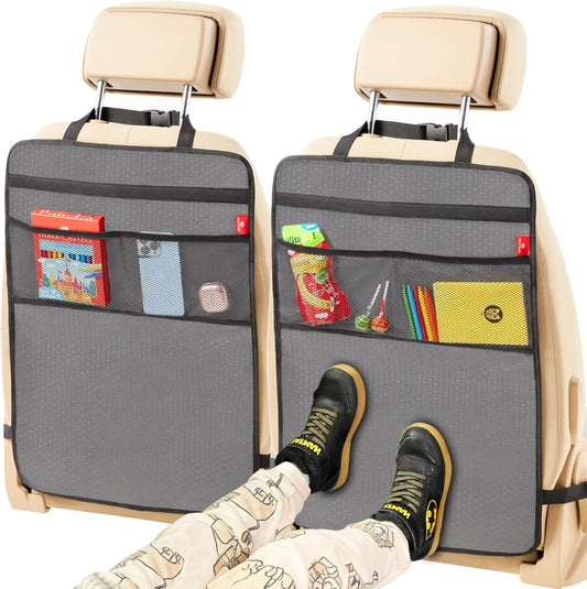 Helteko Back Seat Protector for Car, 2 Pack Premium Kick Mats for Kids, Extra Large Car Seat Cover for Backseat with Mesh Pockets, Waterproof Dirt & Mud Protection, Black