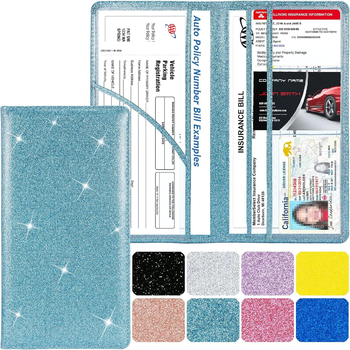 Leather Car Registration Insurance Holder Magnetic Shut, Glitter Light Blue