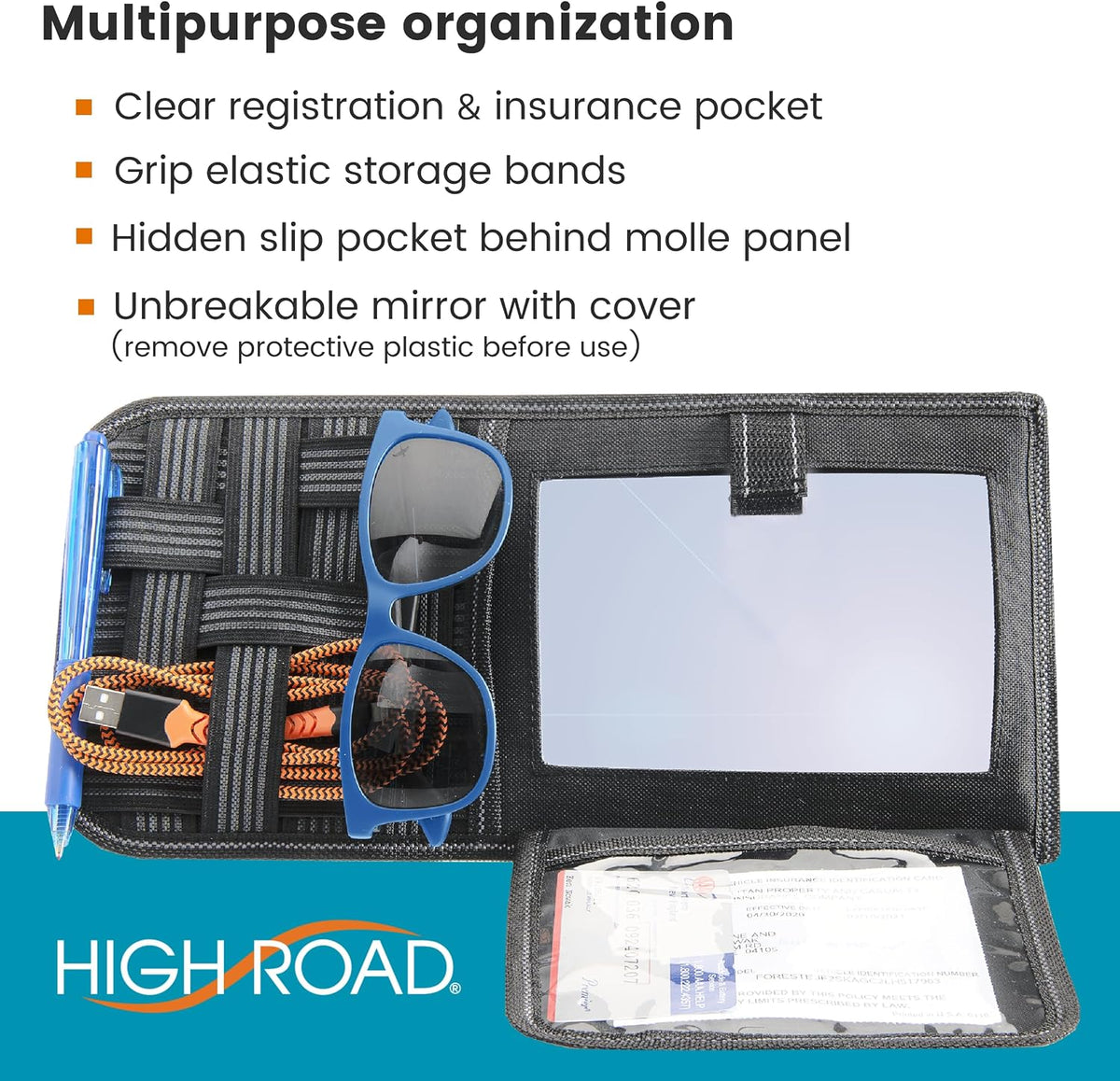 Visor Organizer with Mirror and Hidden Registration and Insurance Pocket