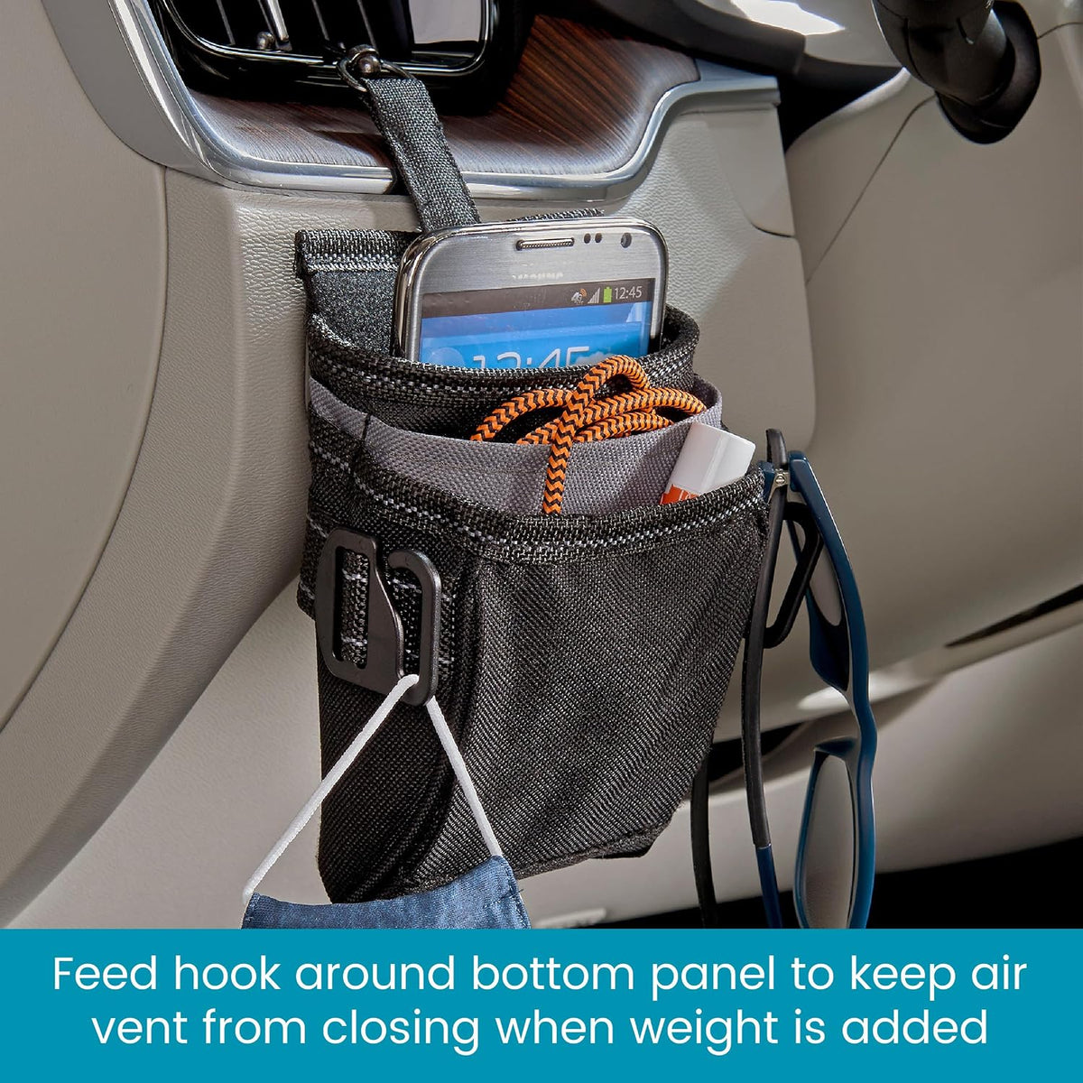 High Road DriverPockets Car Pouch - Air Vent Pocket and Vent Cell Phone Holder for Car - Front Seat Organizer with 3 Pockets, Hanging Hooks and Charging Port