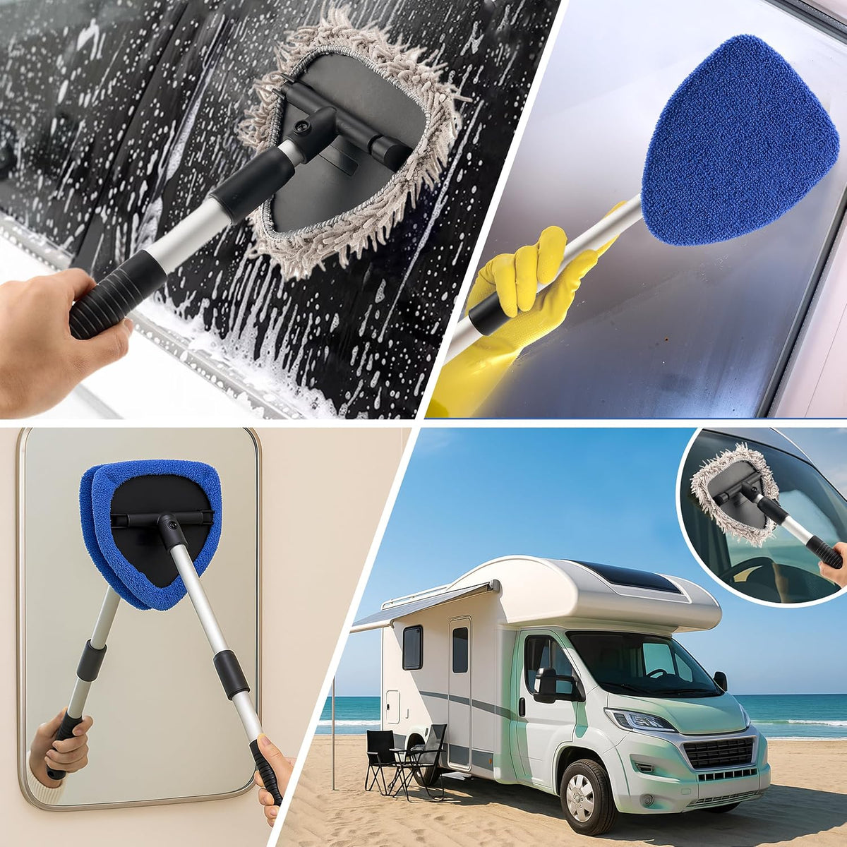 Windshield Cleaner Tool with 180° Rotating Head, Car Window Cleaner Tool with Extendable Handle and 4 Reusable Microfiber Pads, Car Windshield Cleaning Brush for Effortless and Efficient Cleaning