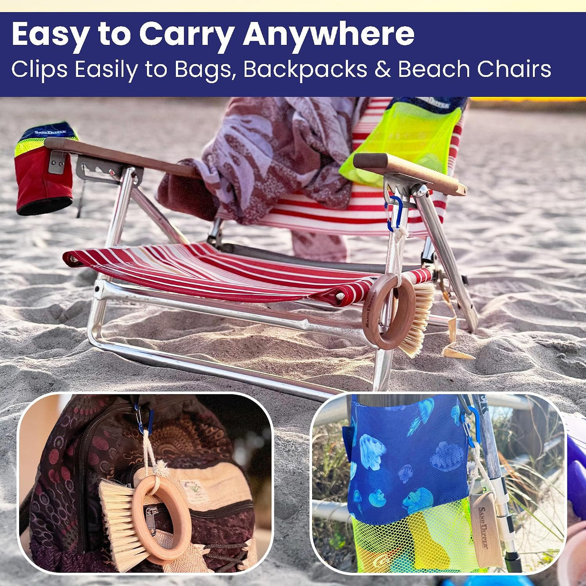Sand Dipper Beachy Clean Sand Brush – Ergonomic Oval Grip Handle, Removes Sand from Feet, Gear, Pets & Car Mats – Beach, Camping & Travel Essential