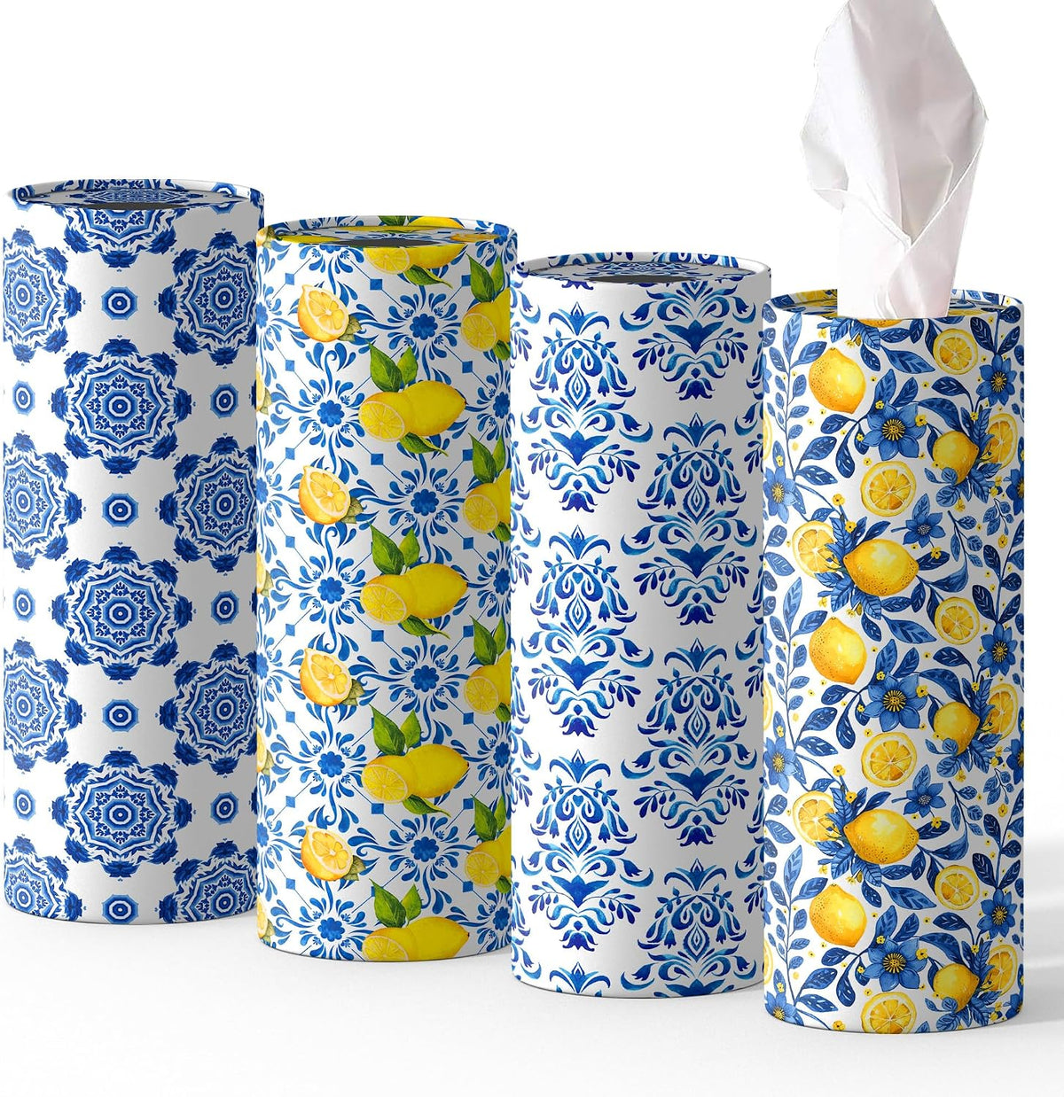 4 Pcs Capri Lemon Round Tissues Box Car Holder Set - Blue & White Mediterranean Lemon Travel Tubes for Car with 50 Sheets Cylinder Face Towel Containers | 2.7" x 7.1" Cup Holder Fit, 4 Unique Designs