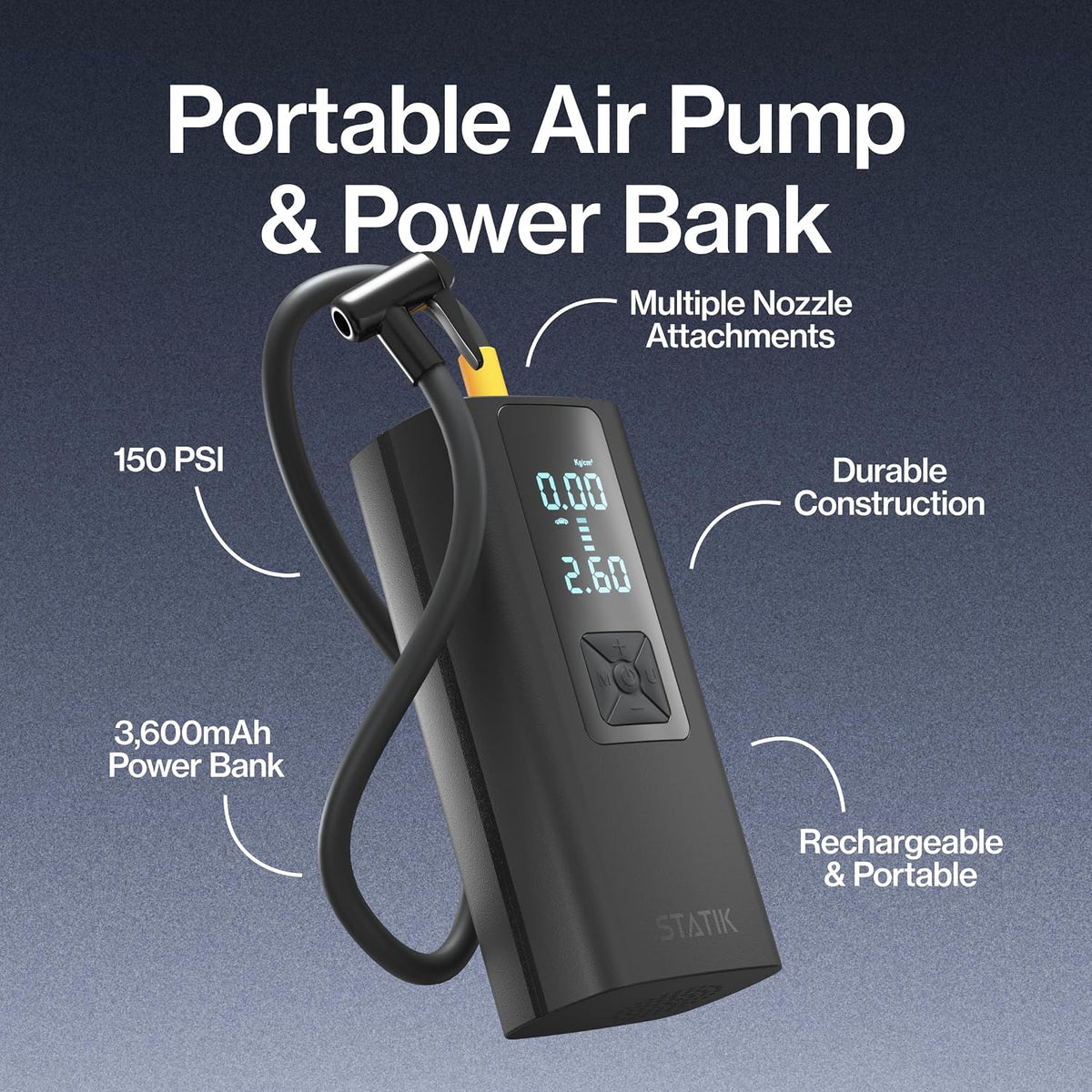 STATIK TireHero Car Tire Inflator Portable Air Compressor - 150 PSI, Electric Air Pump for Balls, Bike Pump, Inflatables, Paddleboard, Air Mattress, Car Emergency Safety Kit w/Flashlight
