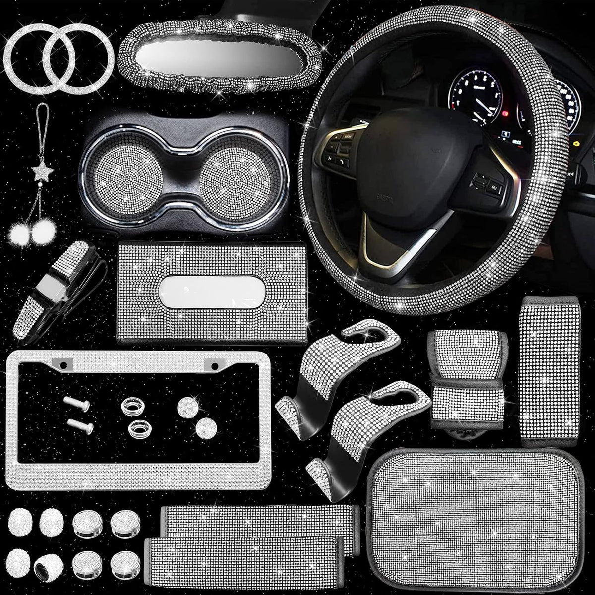 25PCS Bling Car Car Accessories Set,15 Inch Steering Wheel Cover,Shiny License Plate Frame,Center Console Cover and Rearview Mirror Set and Other Car Accessories(Red)