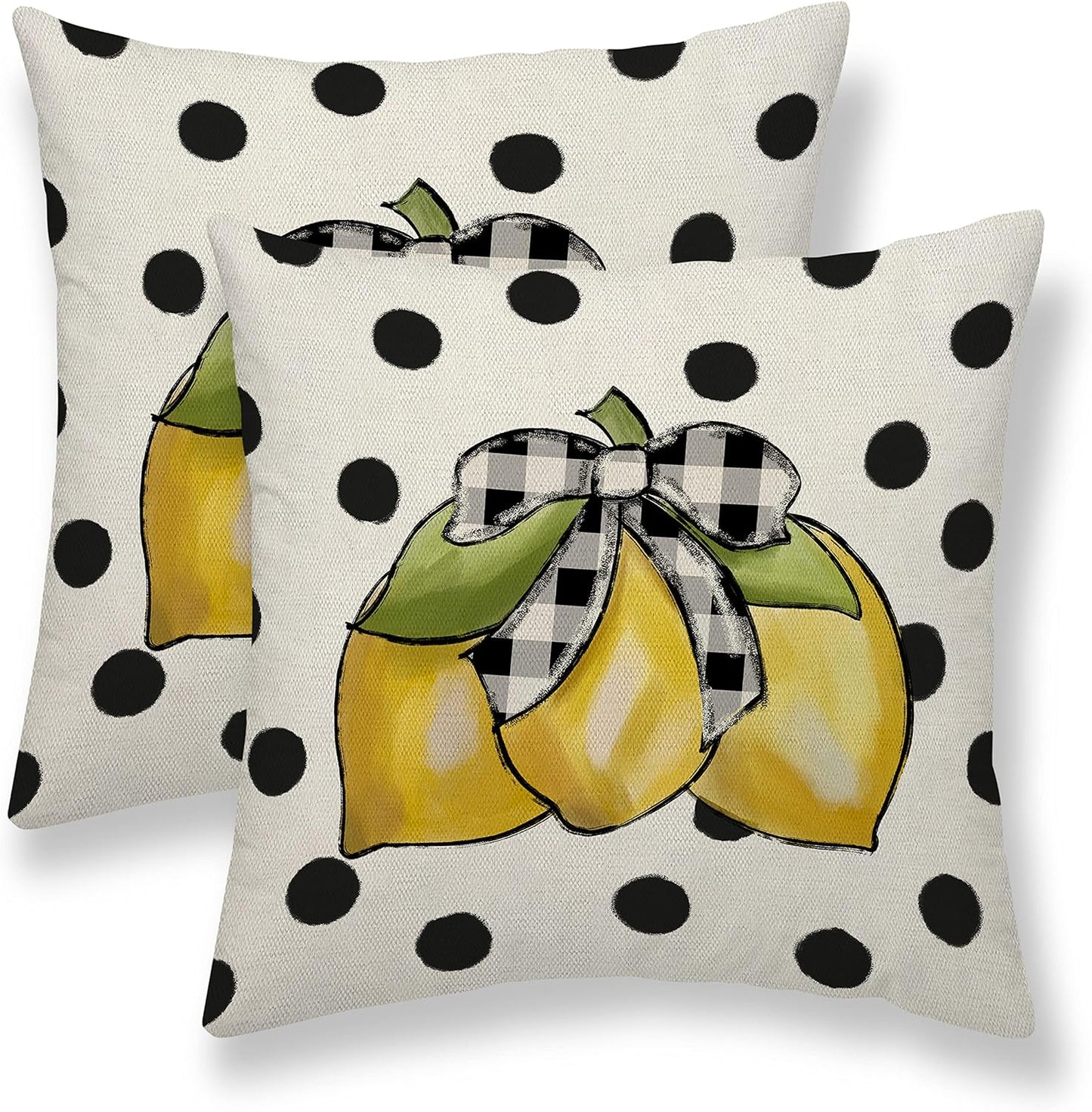 Summer Pillow Covers 18x18 Set of 2, Yellow Lemons Polka Dots Decorative Throw Pillow Cases Watercolor Summer Seasonal Linen Decorations for Home Bed Car Spring Decor