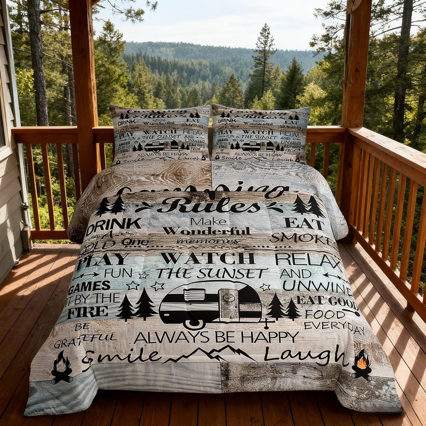 Happy Camping Camper Kids Comforter Set Twin Size,Rustic Farmhouse Adventure Cabin Bedding Set,Girls Boys Room Decor,Wooden Plank Cottage Lake House Quilt Comforter,Vintage Duvet Insert,1 Pillowcase