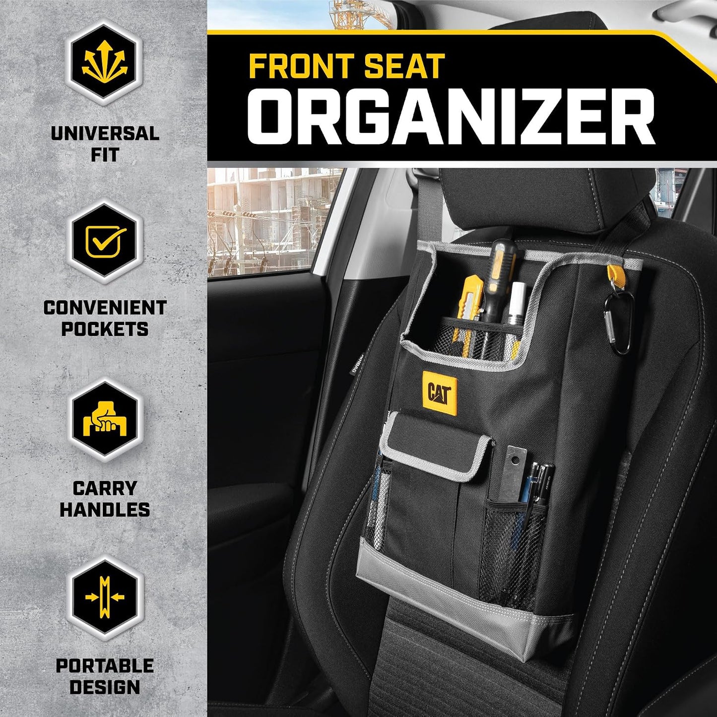 CAT® Car Front Seat Organizer Storage - Automotive Adjustable Straps Durable Multipurpose Work Truck Organizer for Front or Backseat for All Autos - Extra Storage for Tools and More - Black