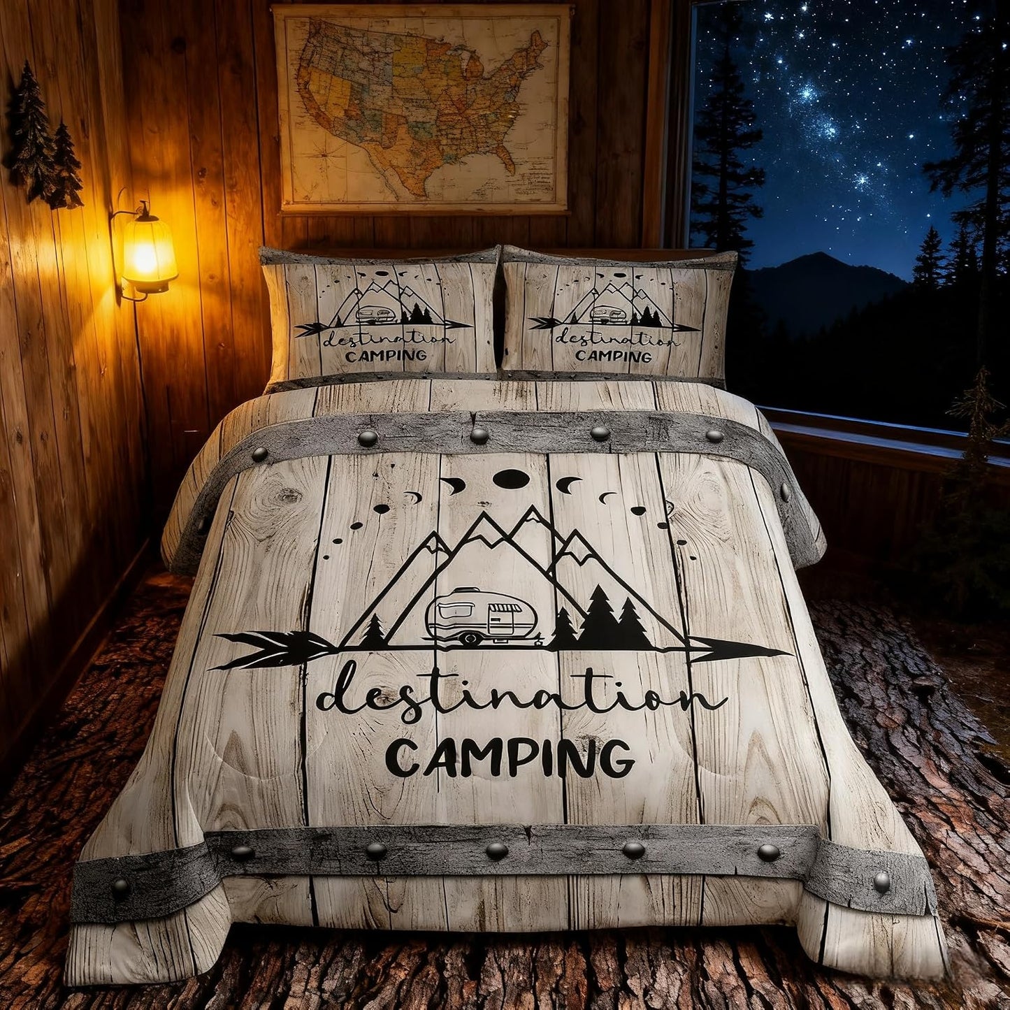 Happy Camping Car Comforter Set Twin Size,RV Camper Trailer Decor Bedding Set 2pcs for Kids Boys Girls Adults,Vintage Wooden Plank Cabin Down Comforter,Rustic Farmhouse Duvet Insert,1 Pillowcase