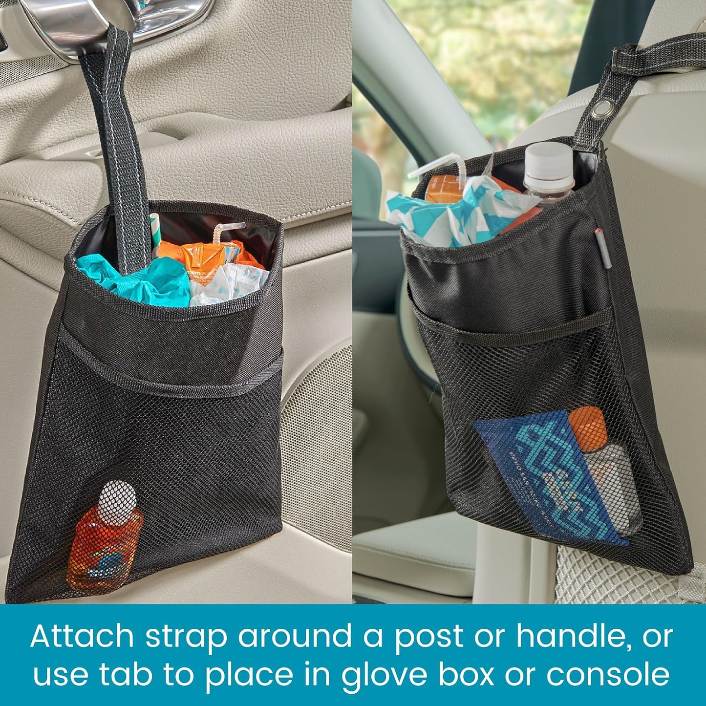 High Road TrimTrash Hanging Car Garbage Bag - Slim and Leakproof Car Trash Bag with Magnetic Closure and Storage Pocket - Attaches to Seat, Glovebox or Console