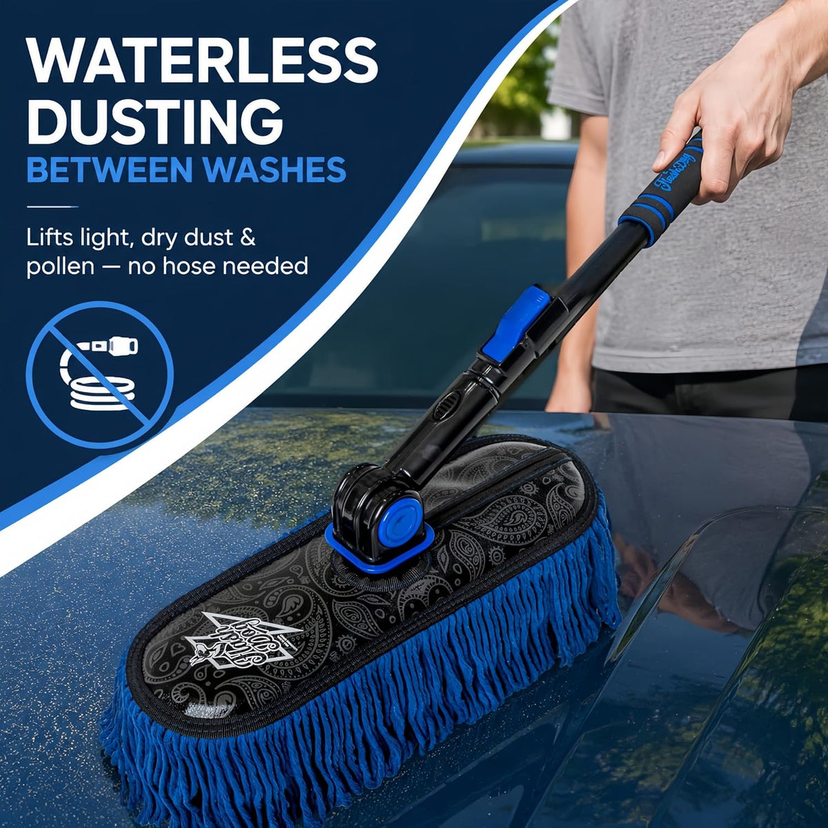 Flash Dog Car Duster Exterior & Interior Duster Aluminum Alloy Extendable Handle and Wax Cotton Strands Scratch-Free Cleaning for Cars, SUVs, RVs | Waterless Dust & Pollen Remover