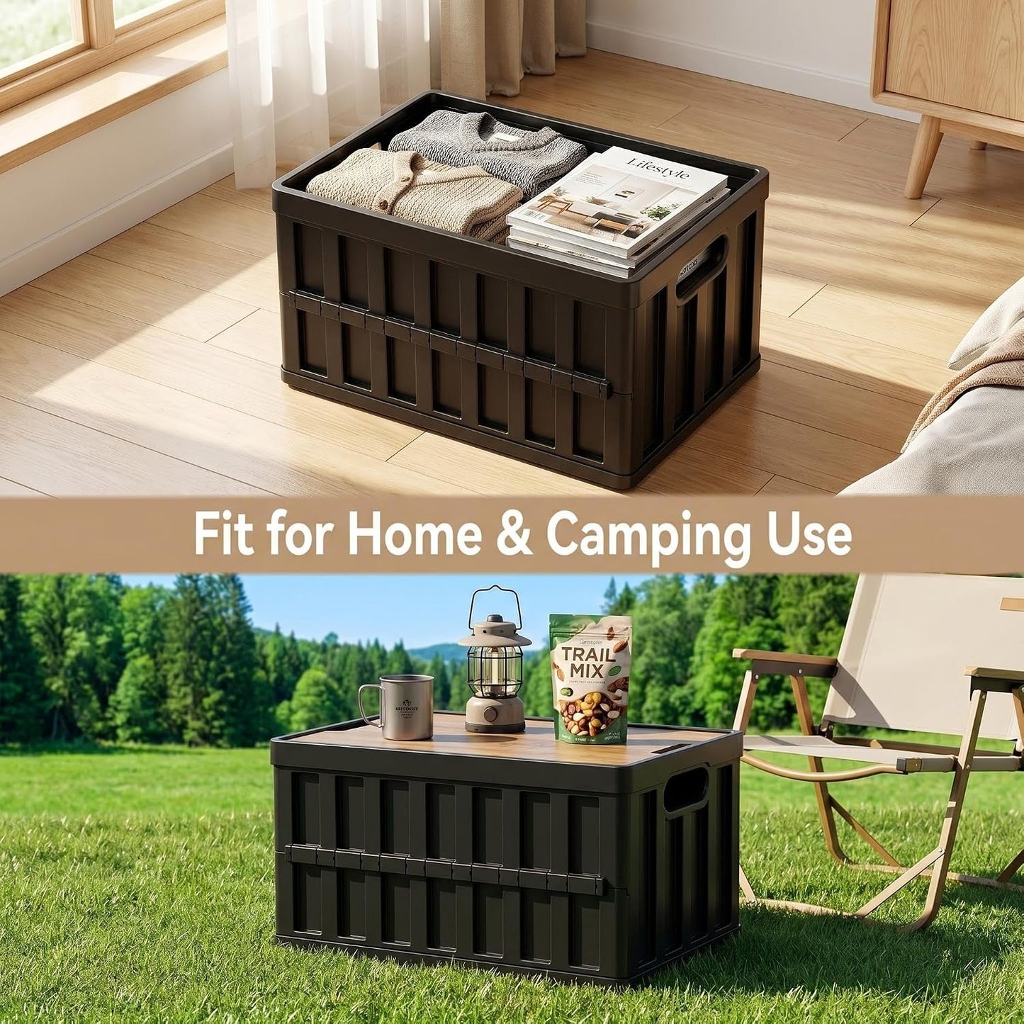 VIMI 50L Collapsible Storage Bins with Lids Stackable Utility Crates with Handles Plastic Large Folding Containers for Organizing Tools,Books,Food,Drinks,Camping&Transport (Black-2 Pack)