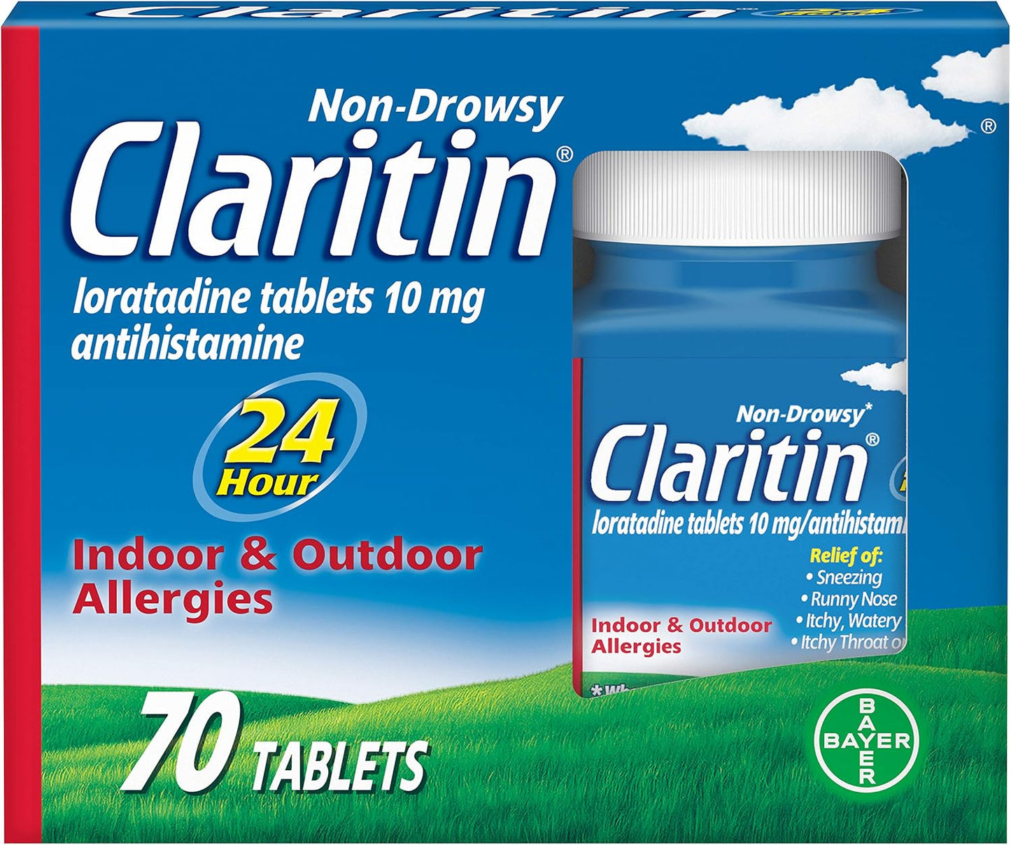 Claritin 24 Hour Allergy Medicine, Non-Drowsy Prescription Strength Allergy Relief, Loratadine Antihistamine Tablets, 70 Count