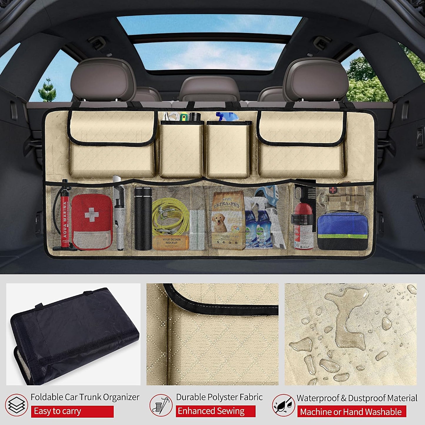 Car Trunk Organizer and Storage, Large Capacity Backseat Hanging Storage Accessories, Backseat Car Organizer for SUV/MPV/Truck (Champagne)