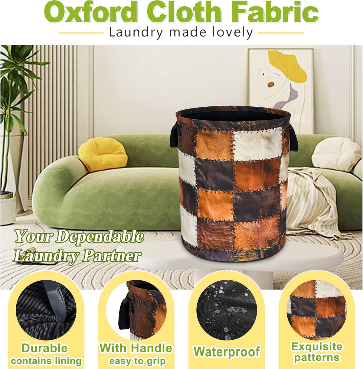 Brown Cowhide Print Laundry Basket Foldable Waterproof Hamper 18.9x16.5 In