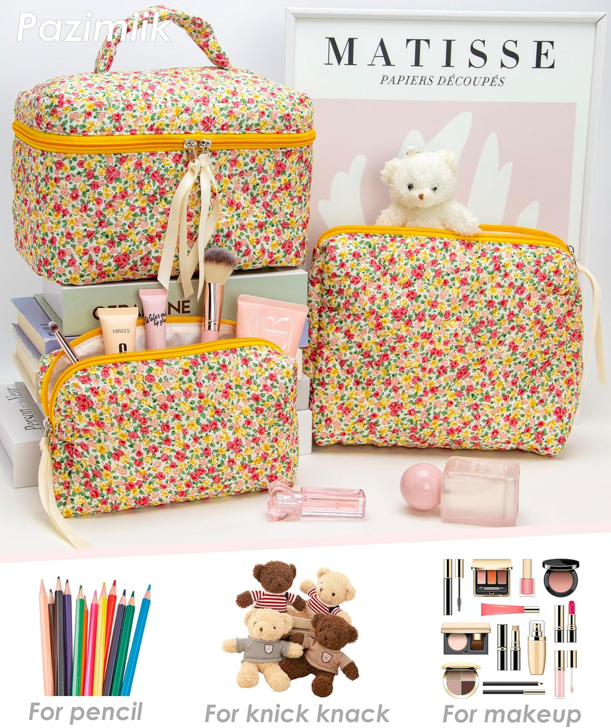 3 Piece Quilted Makeup Bag Set for Women,Cosmetic&Toiletry,Little Flower