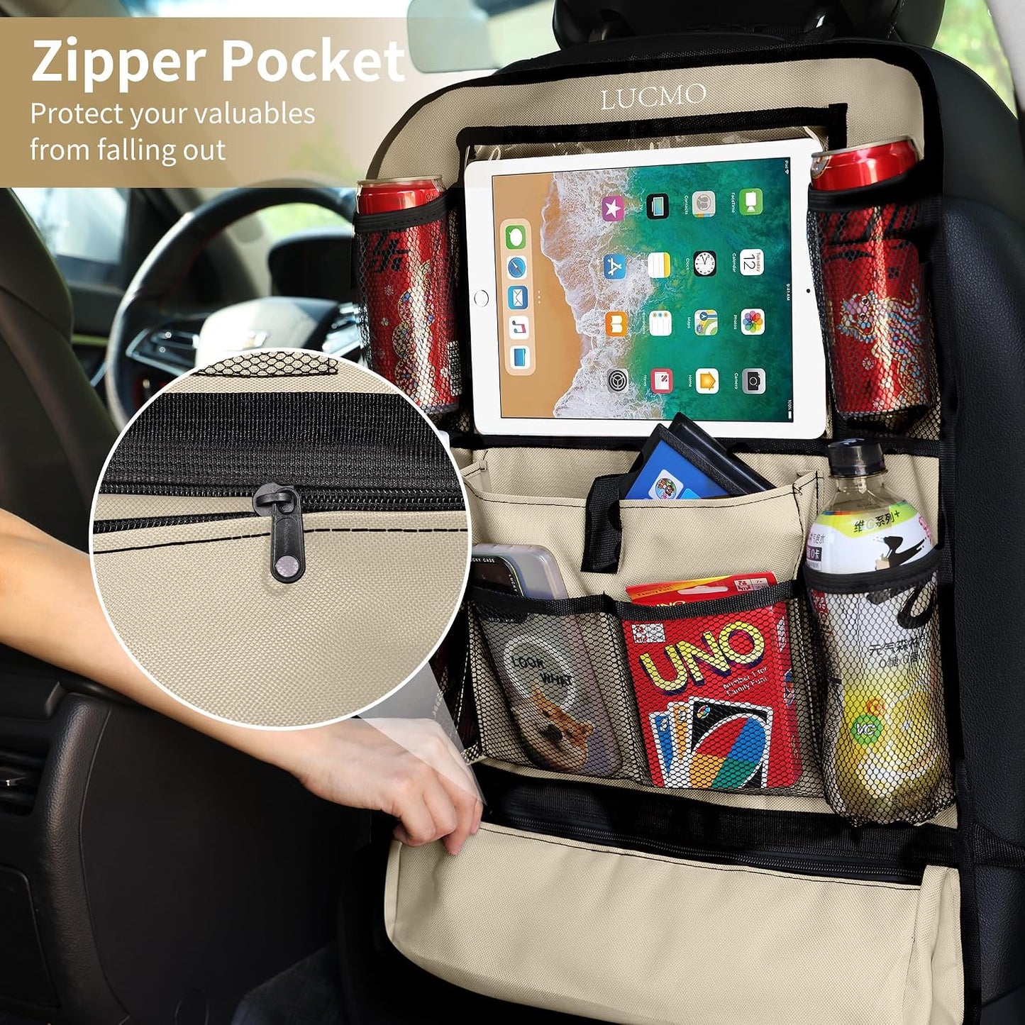 LUCMO Car Backseat Organizer with Touch Screen Tablet Holder, Beige | 2 Pcs,9 Storage Pockets,Clear Tablet Holder,Protectors Kick Mats,Travel Accessories,Seat Cover,Road Trip Essentials