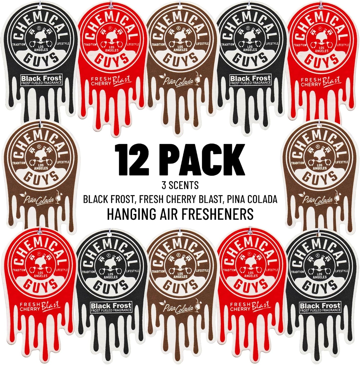 Chemical Guys Car Fresheners, Hanging Air Fresheners, Variety Scent Pack 12 Pack - for Cars, Home, Garage, Workspace, Dorm Room & More (4 x 3 Packs, Black Frost, Cherry, Pina Colada)