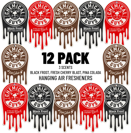Chemical Guys Car Fresheners, Hanging Air Fresheners, Variety Scent Pack 12 Pack - for Cars, Home, Garage, Workspace, Dorm Room & More (4 x 3 Packs, Black Frost, Cherry, Pina Colada)