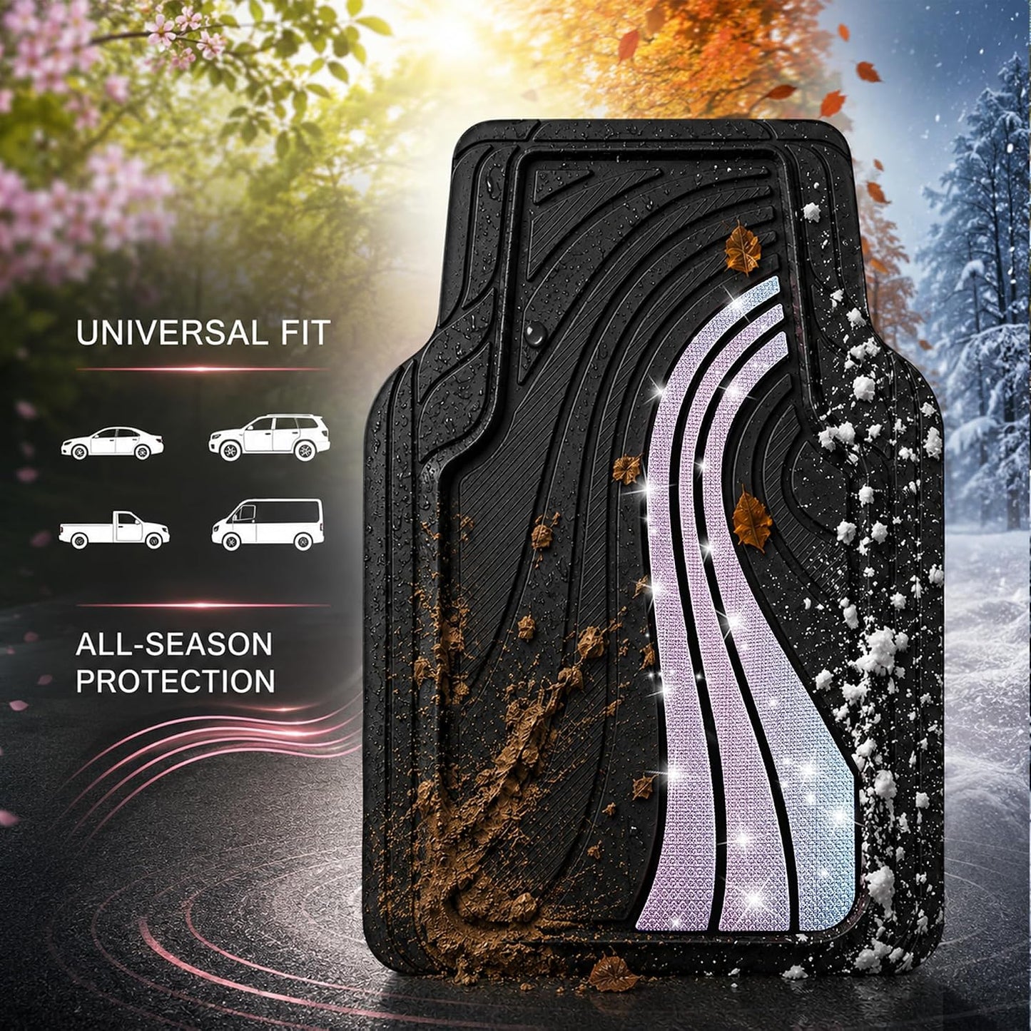Road Comforts Car Floor Mats Full Set – Front & Rear Car Floor Mats with Aluminum Design, Anti-Slip Backing, All-Weather Protection, Trim-to-Fit Car Mats for Most Sedans, SUVs & Vans - Glitter