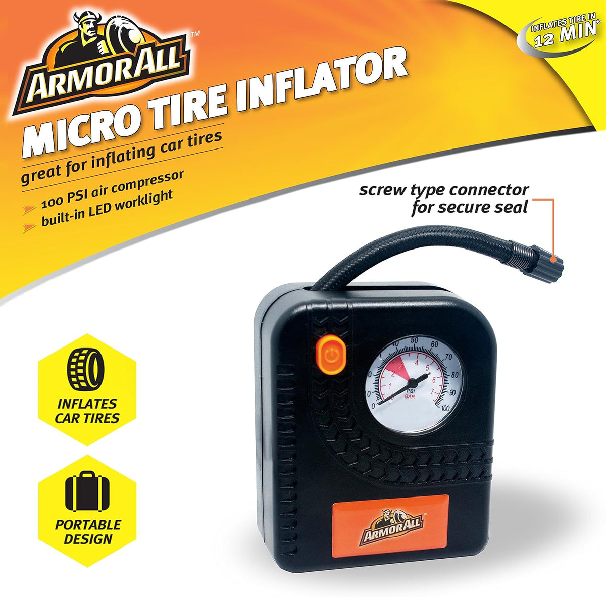 Armor All Micro Tire Inflator Air Compressor - Pump for Automobile, Car, Truck, Bike, Auto With Pressure Gauge, LED Light - 12v Portable, Battery Clips
