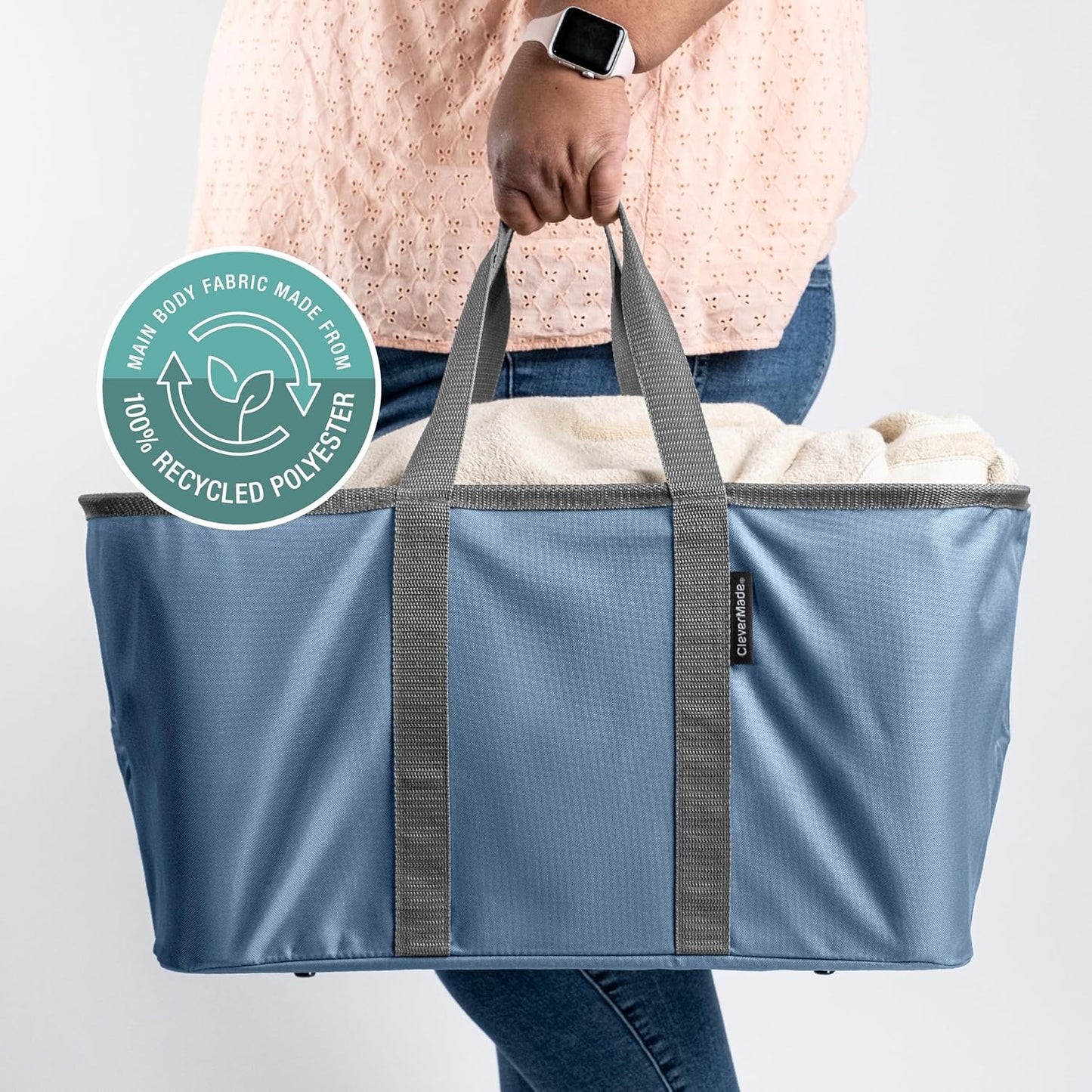 CleverMade Collapsible Laundry Tote 2-Pack (50L) – Foldable Carry-All Storage Bin for Laundry, Car Trunk, RV, Dorm & Home Organization - Denim