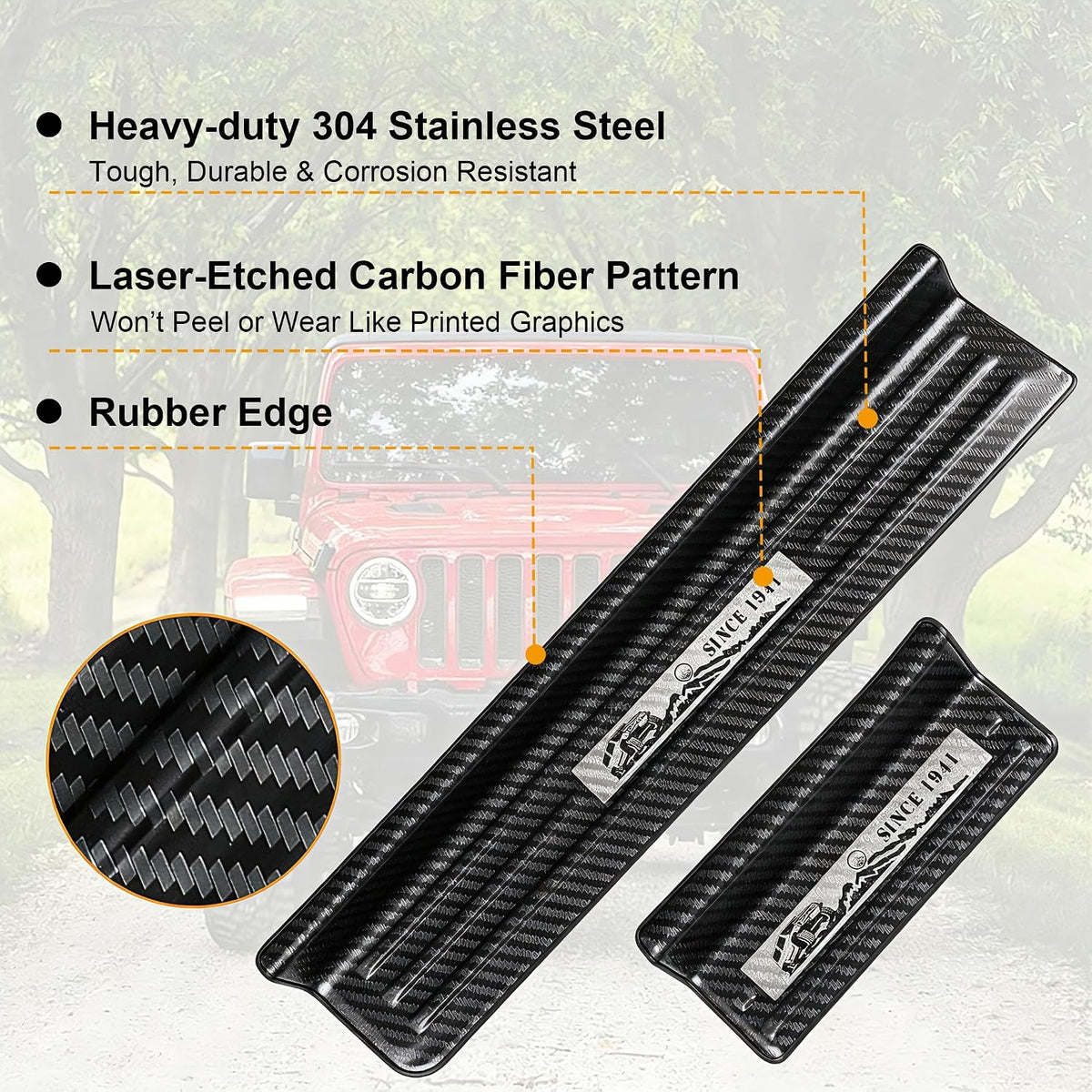 Rowa Door Sill Guards for Jeep 2018-2026 Wrangler JL JLU & 2020-2026 Gladiator JT, Carbon Fiber Pattern 304 Stainless Steel Door Entry Guard Full Coverage for Door Sill Protector (Patent Design)