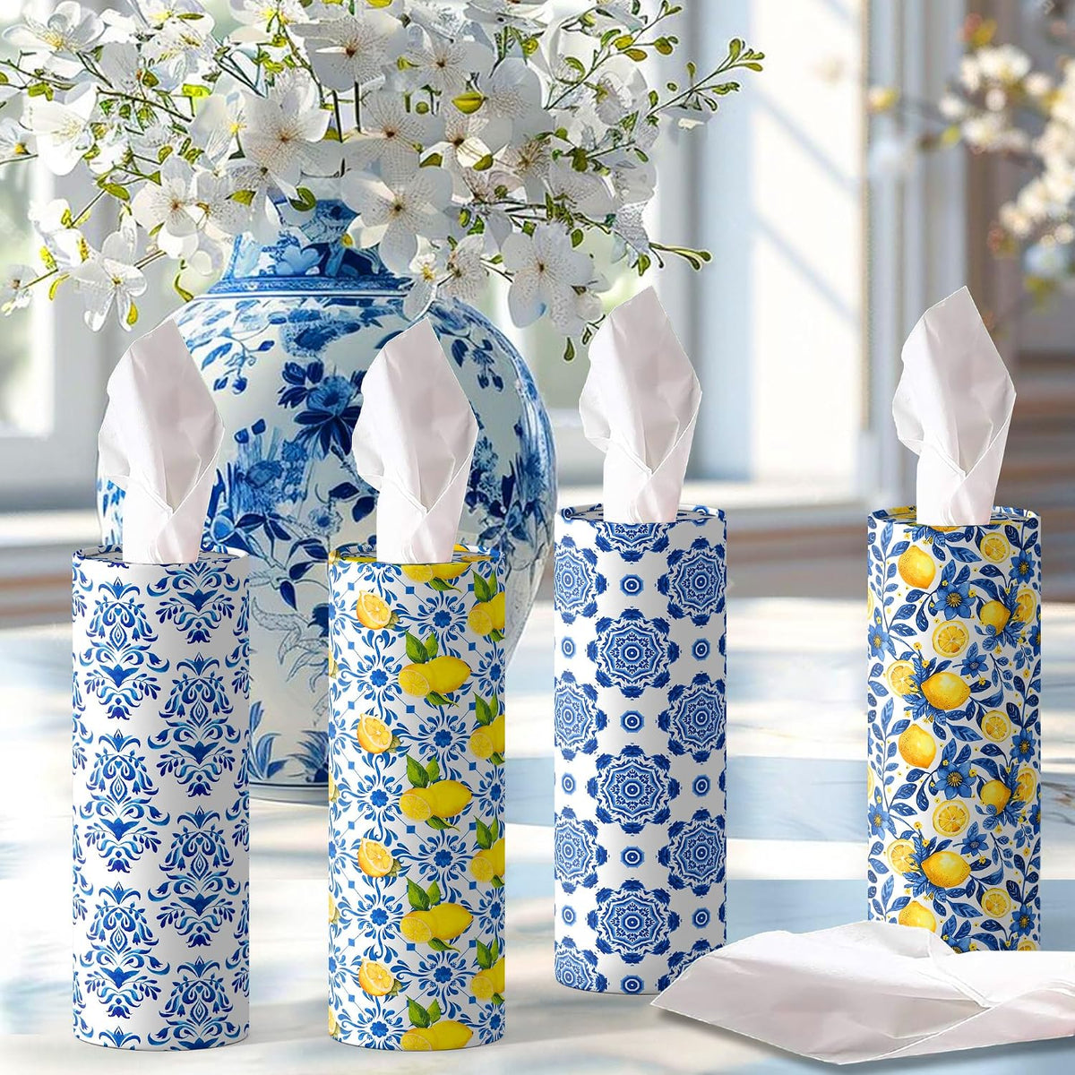 4 Pcs Capri Lemon Round Tissues Box Car Holder Set - Blue & White Mediterranean Lemon Travel Tubes for Car with 50 Sheets Cylinder Face Towel Containers | 2.7" x 7.1" Cup Holder Fit, 4 Unique Designs