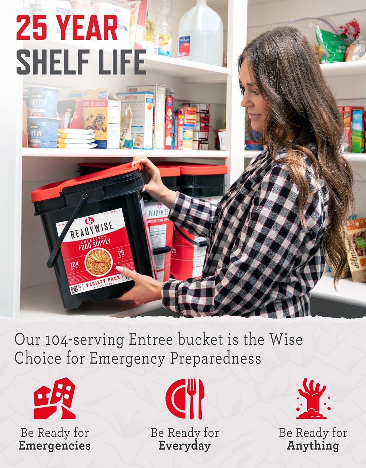 ReadyWise Emergency Food Supply - 104 Servings Variety Pack Bucket, Protein Meals, Dehydrated &amp; Freeze Dried Food for Backpacking, Camping Essentials &amp; Prepping Supplies, up to 25 Year Shelf Life