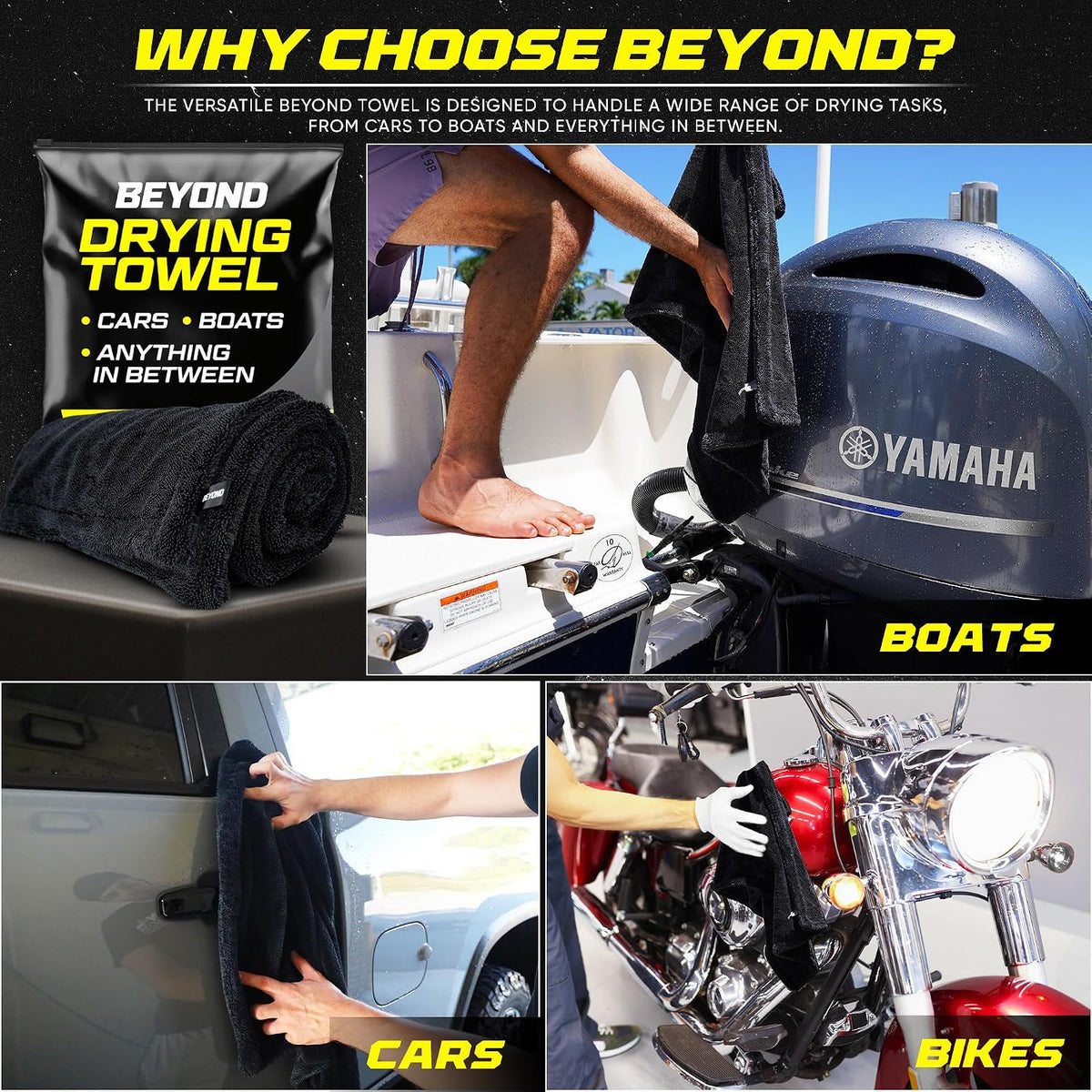 Beyond Drying Towel - Super Absorbent Large Premium Microfiber Detailing Towel for Cars and Boats - 24" x 36" Black