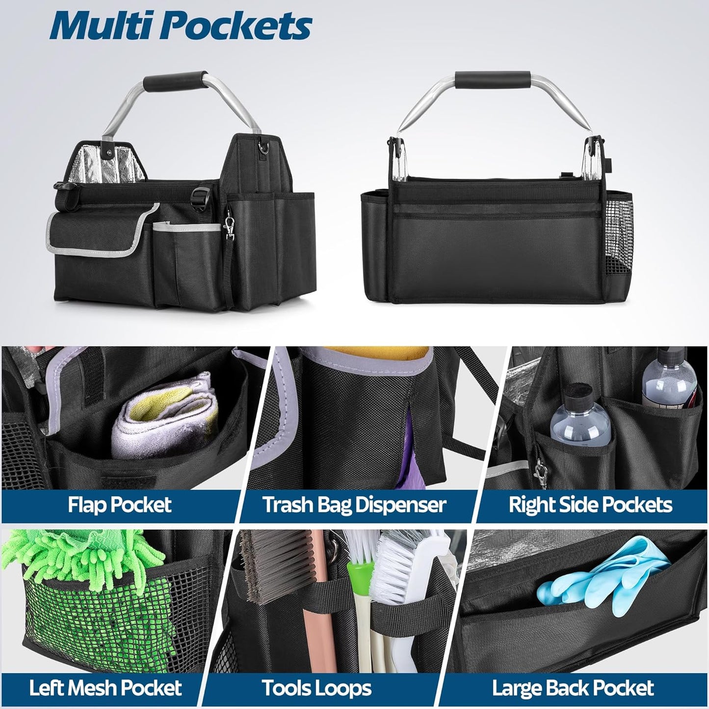 HODRANT Wearable Detailing Caddy, Quick Load Collapsible Car Care Bag with Handle & Shoulder Strap, Detail Carry Organizer with Multi Pockets for Auto Cleaning Supplies & Vehicle Wash Tools, Bag Only