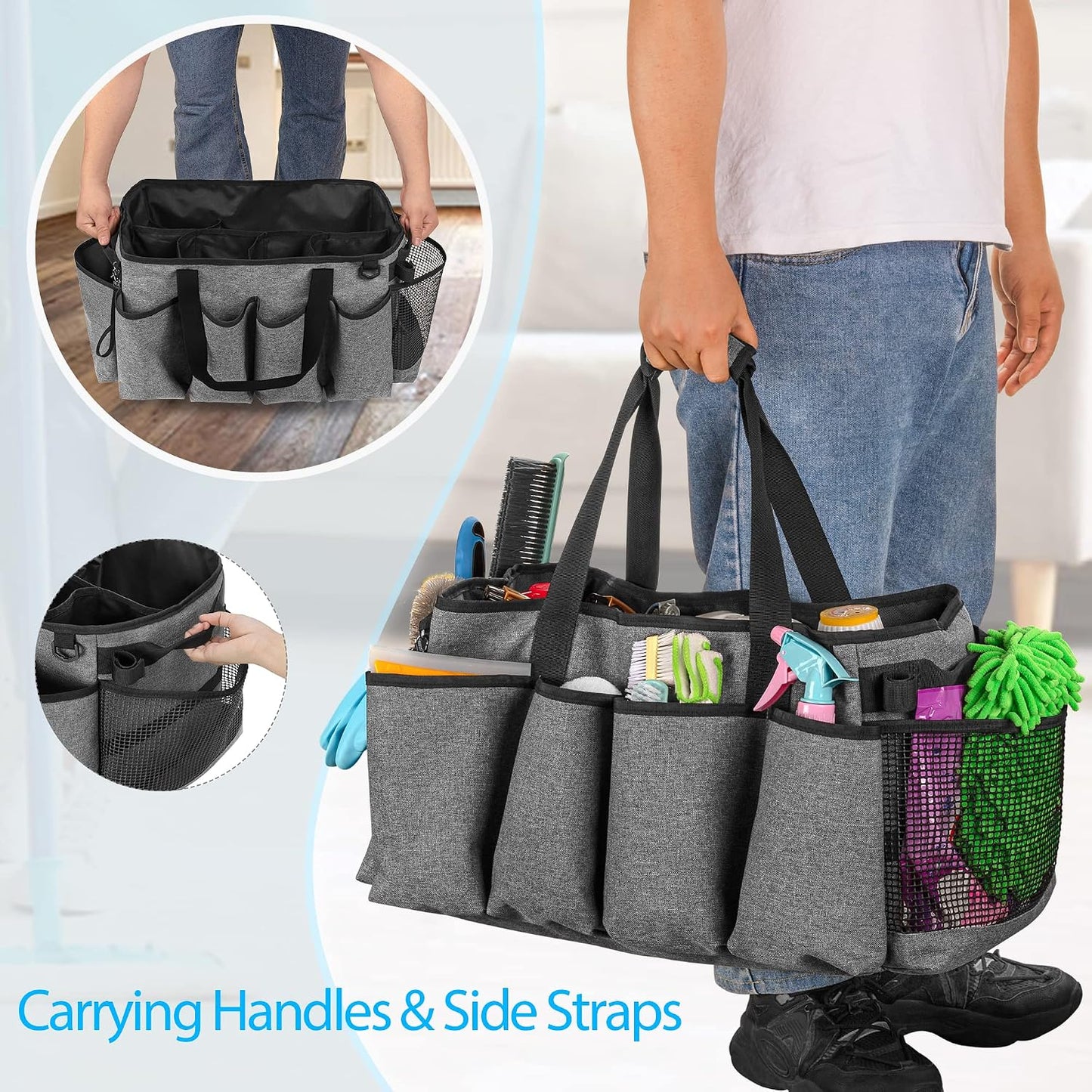 HODRANT Extra-Large Cleaning Caddy with Handles & Multi Pockets | Large Capacity Tote Bag for Cleaning Tools & Products Storage, Cleaner Organizer for Car, Home & Housekeeping Work, Gray